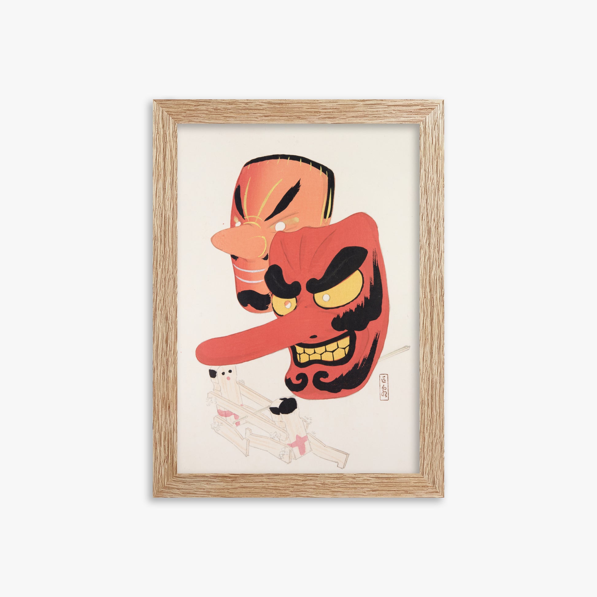 Kawasaki Kyosen: Kyosen’s Collected Illustrations of Japanese Toys Nr. 27 ("Tengu Spirit Masks"), 21x30cm Framed Art Reproduction With Raw Oak Frame