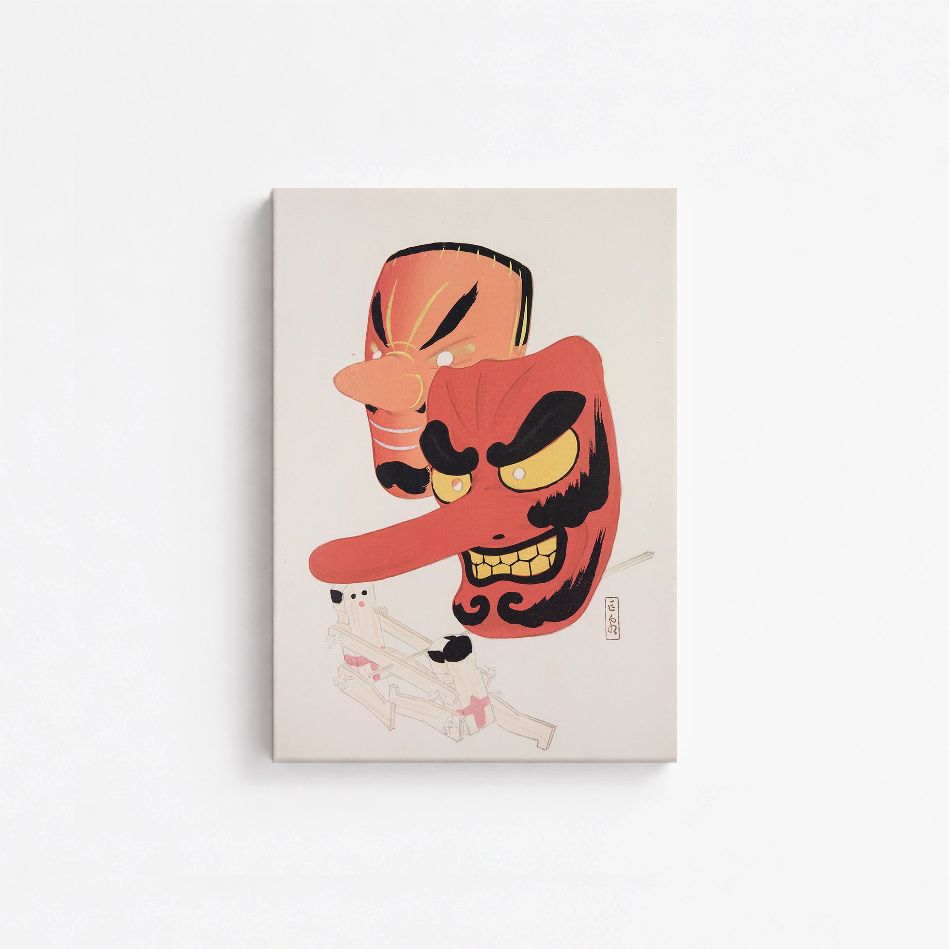 Kawasaki Kyosen: Kyosen’s Collected Illustrations of Japanese Toys Nr. 27 ("Tengu Spirit Masks"), 21x30cm Satin Canvas Art Reproduction