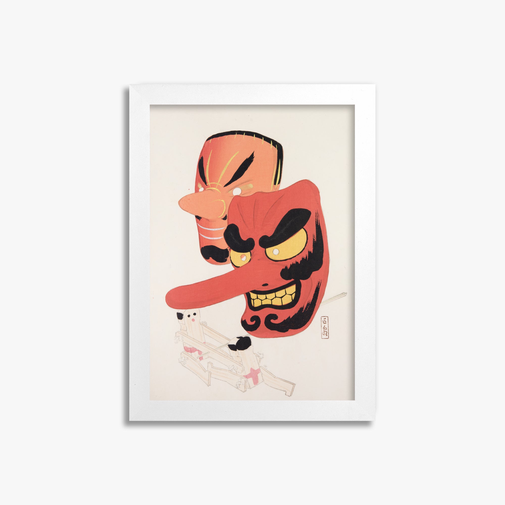 Kawasaki Kyosen: Kyosen’s Collected Illustrations of Japanese Toys Nr. 27 ("Tengu Spirit Masks"), 21x30cm Framed Art Reproduction With White Frame