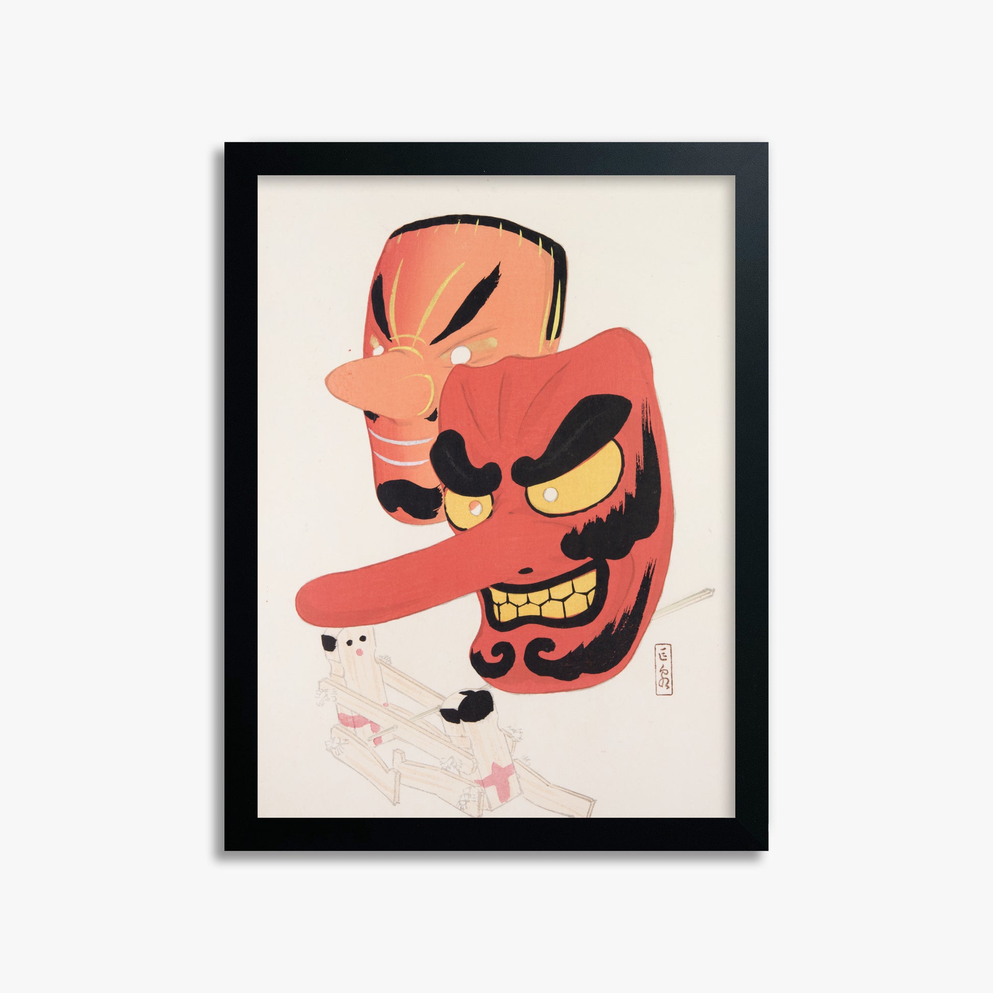 Kawasaki Kyosen: Kyosen’s Collected Illustrations of Japanese Toys Nr. 27 ("Tengu Spirit Masks"), 30x40cm Framed Art Reproduction With Black Frame