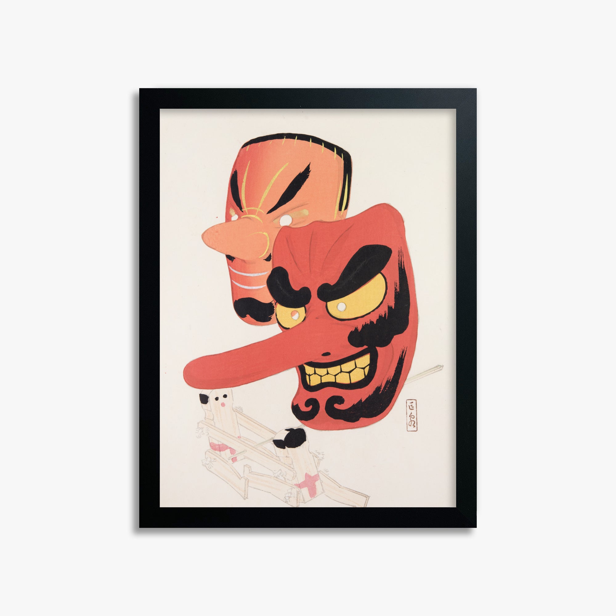 Kawasaki Kyosen: Kyosen’s Collected Illustrations of Japanese Toys Nr. 27 ("Tengu Spirit Masks"), 30x40cm Framed Art Reproduction With Black Frame