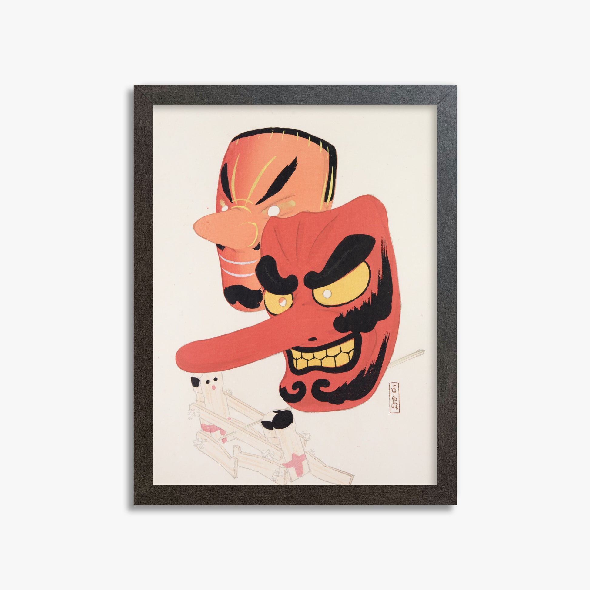 Kawasaki Kyosen: Kyosen’s Collected Illustrations of Japanese Toys Nr. 27 ("Tengu Spirit Masks"), 30x40cm Framed Art Reproduction With Espresso Frame