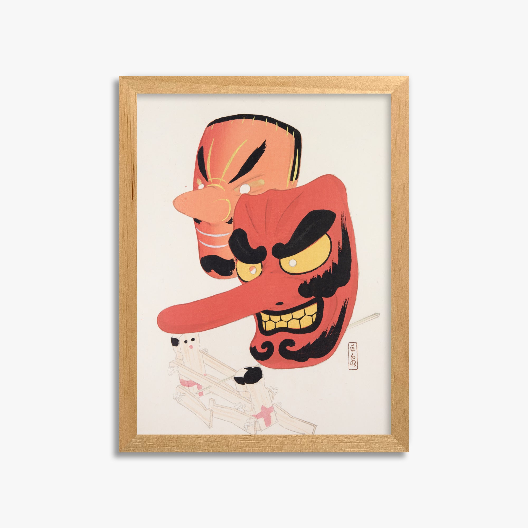 Kawasaki Kyosen: Kyosen’s Collected Illustrations of Japanese Toys Nr. 27 ("Tengu Spirit Masks"), 30x40cm Framed Art Reproduction With Oak Frame