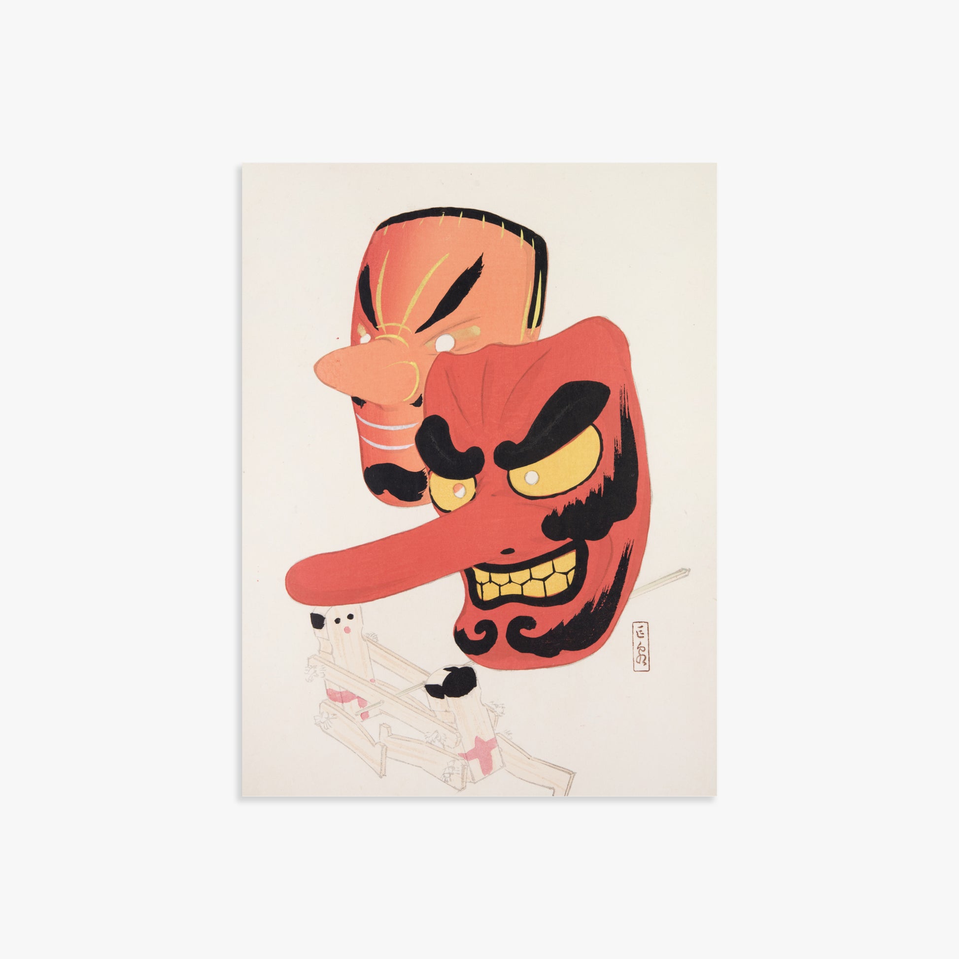 Kawasaki Kyosen: Kyosen’s Collected Illustrations of Japanese Toys Nr. 27 ("Tengu Spirit Masks"), 30x40cm Art Reproduction Unframed