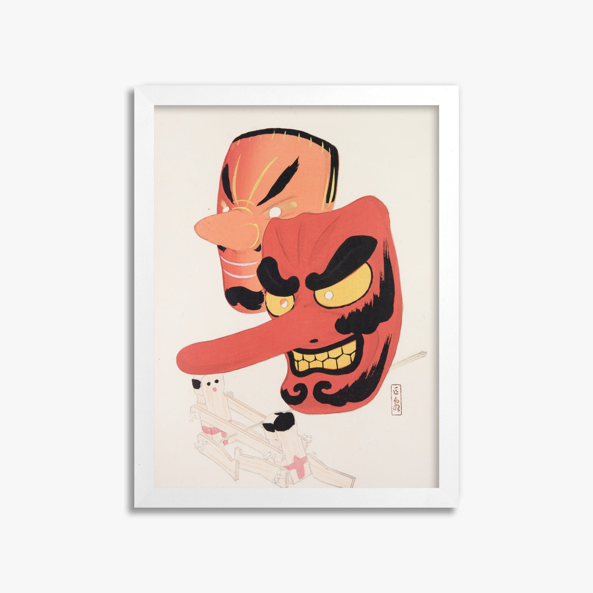 Kawasaki Kyosen: Kyosen’s Collected Illustrations of Japanese Toys Nr. 27 ("Tengu Spirit Masks"), 30x40cm Framed Art Reproduction With White Frame