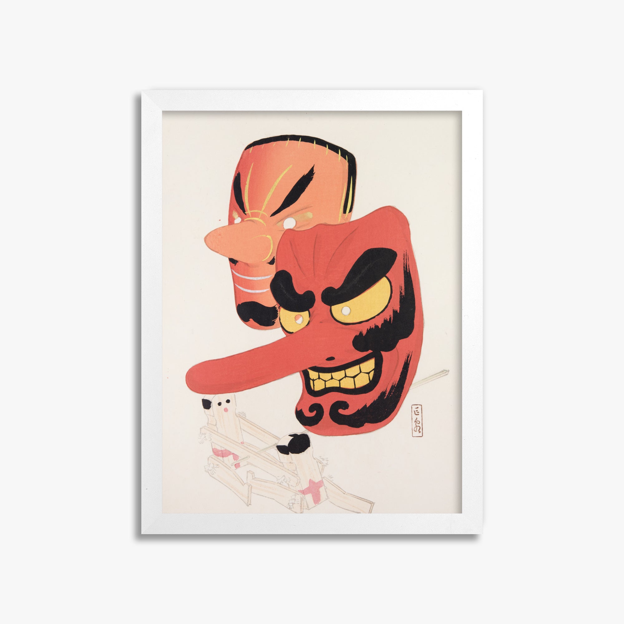 Kawasaki Kyosen: Kyosen’s Collected Illustrations of Japanese Toys Nr. 27 ("Tengu Spirit Masks"), 30x40cm Framed Art Reproduction With White Frame