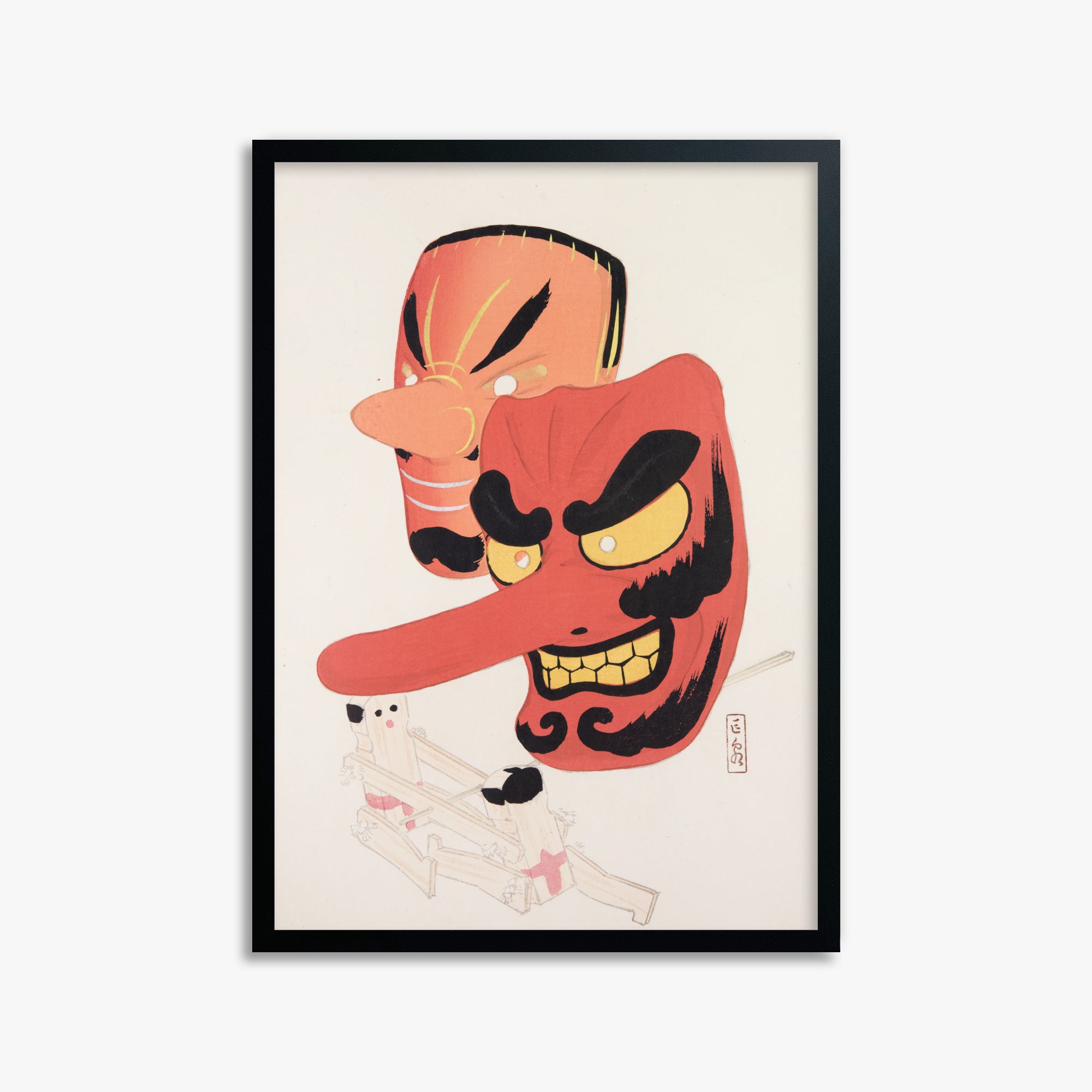 Kawasaki Kyosen: Kyosen’s Collected Illustrations of Japanese Toys Nr. 27 ("Tengu Spirit Masks"), 50x70cm Framed Art Reproduction With Black Frame