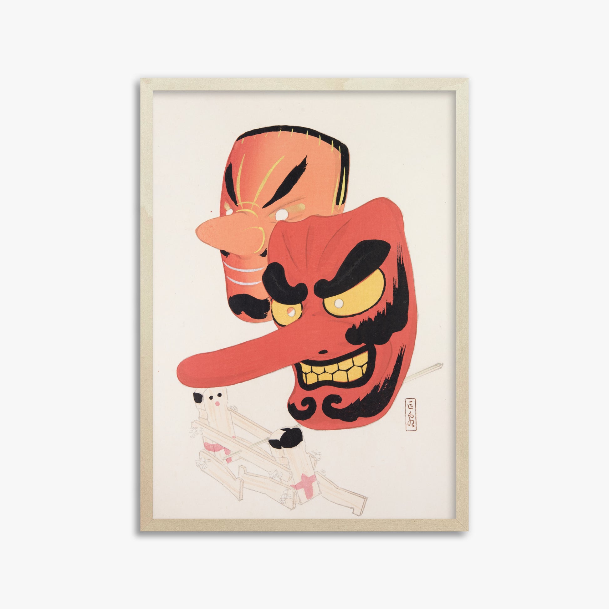 Kawasaki Kyosen: Kyosen’s Collected Illustrations of Japanese Toys Nr. 27 ("Tengu Spirit Masks"), 50x70cm Framed Art Reproduction With Lime Wood Frame