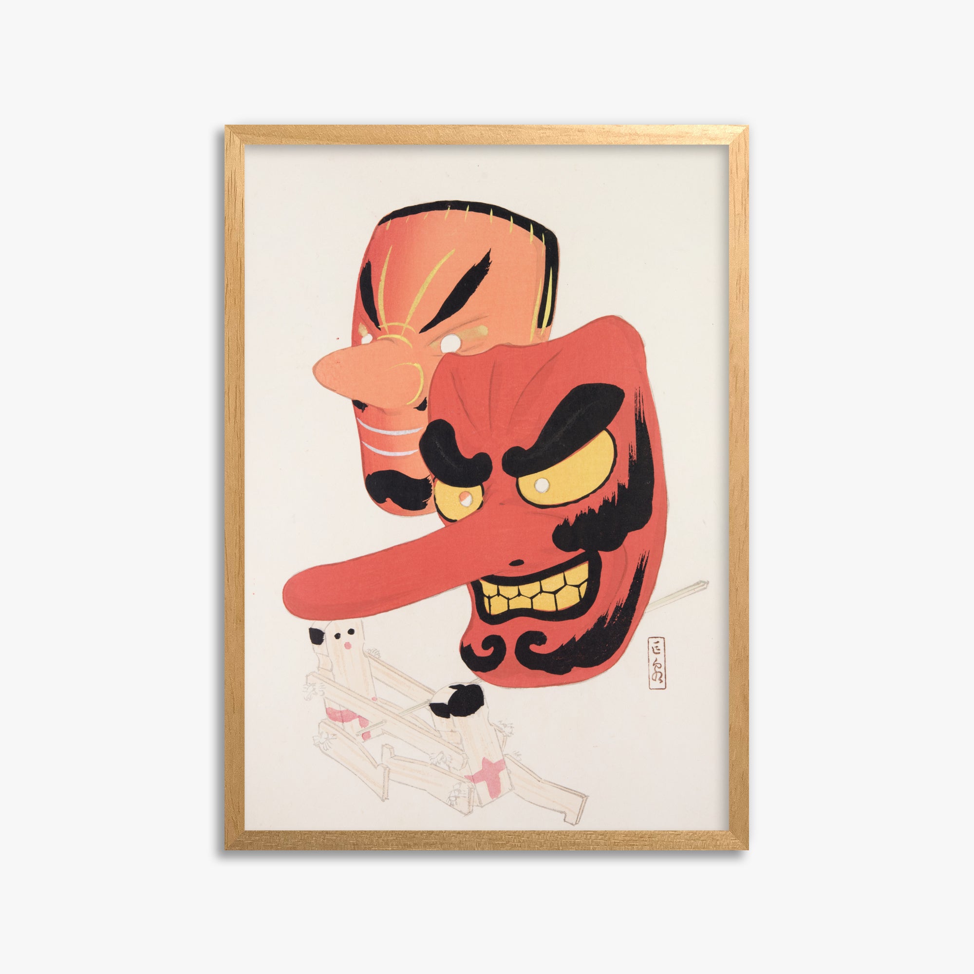 Kawasaki Kyosen: Kyosen’s Collected Illustrations of Japanese Toys Nr. 27 ("Tengu Spirit Masks"), 50x70cm Framed Art Reproduction With Oak Frame