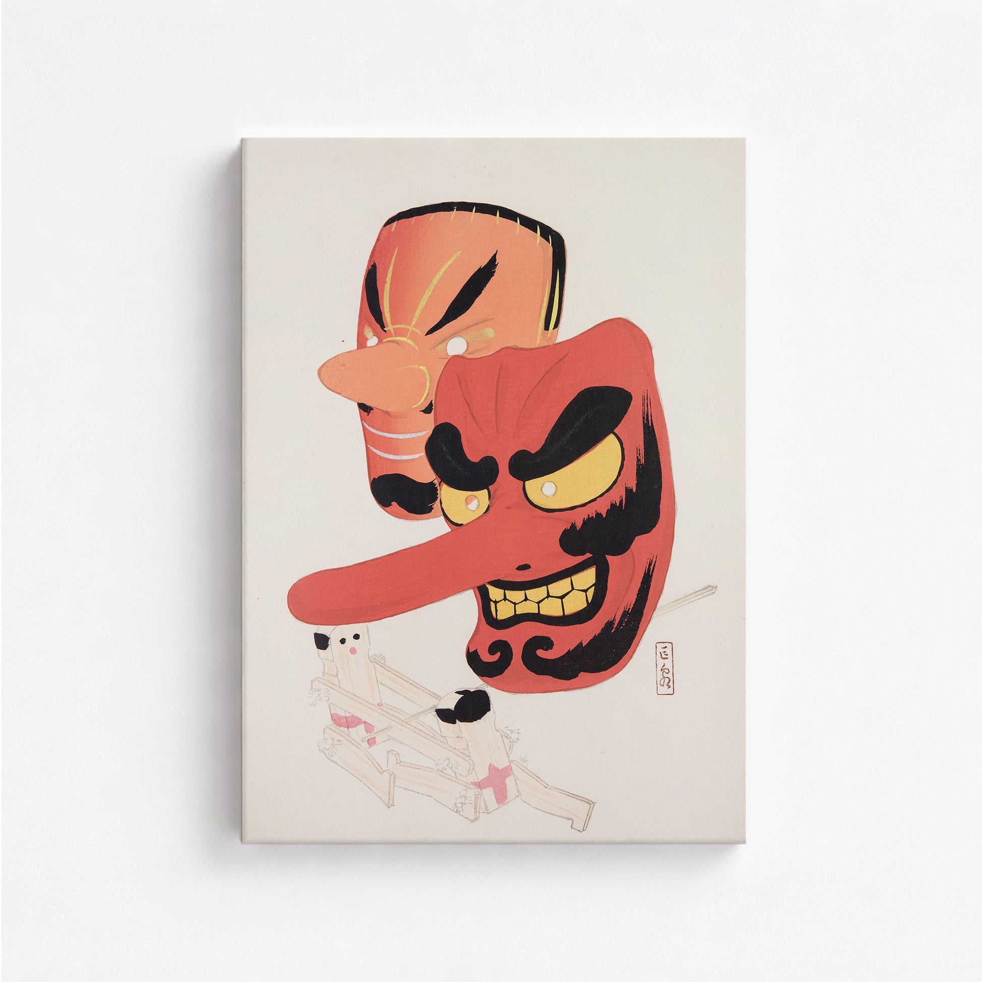 Kawasaki Kyosen: Kyosen’s Collected Illustrations of Japanese Toys Nr. 27 ("Tengu Spirit Masks"), 50x70cm Satin Canvas Art Reproduction