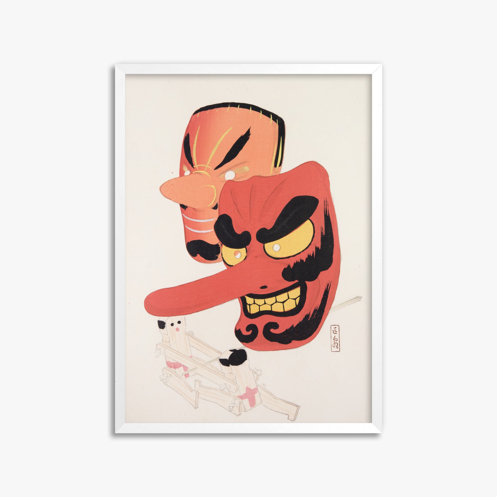 Kawasaki Kyosen: Kyosen’s Collected Illustrations of Japanese Toys Nr. 27 ("Tengu Spirit Masks"), 50x70cm Framed Art Reproduction With White Frame