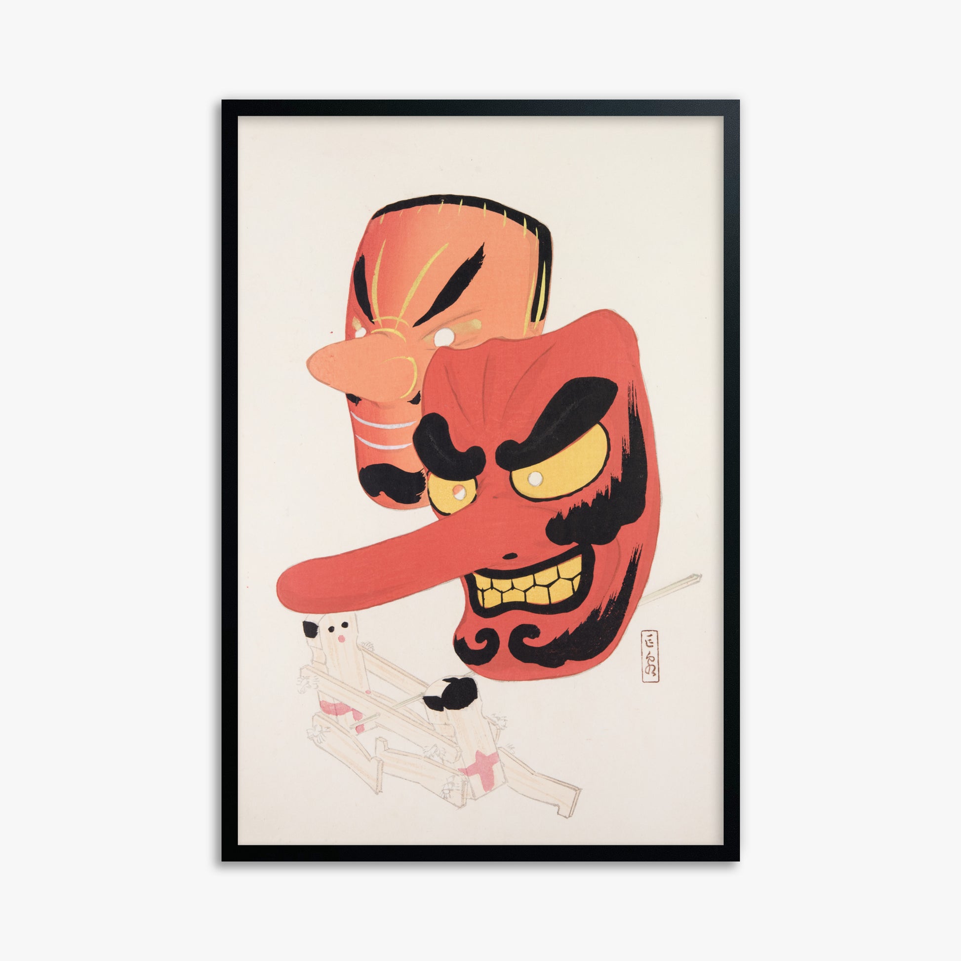 Kawasaki Kyosen: Kyosen’s Collected Illustrations of Japanese Toys Nr. 27 ("Tengu Spirit Masks"), 61x91cm Framed Art Reproduction With Black Frame