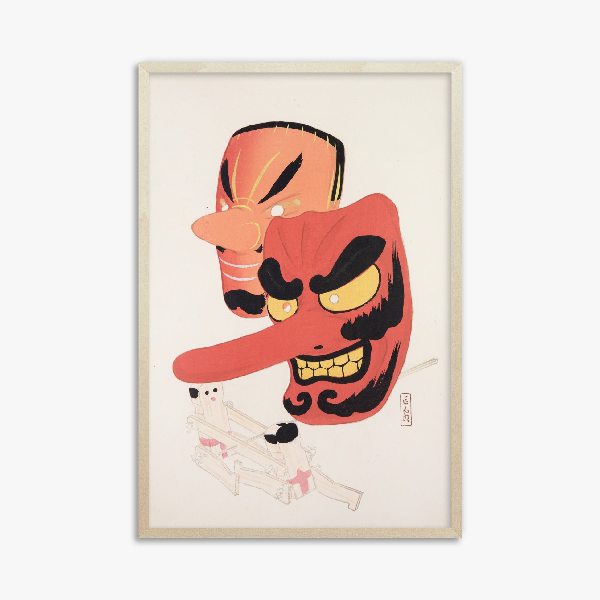 Kawasaki Kyosen: Kyosen’s Collected Illustrations of Japanese Toys Nr. 27 ("Tengu Spirit Masks"), 61x91cm Framed Art Reproduction With Lime Wood Frame