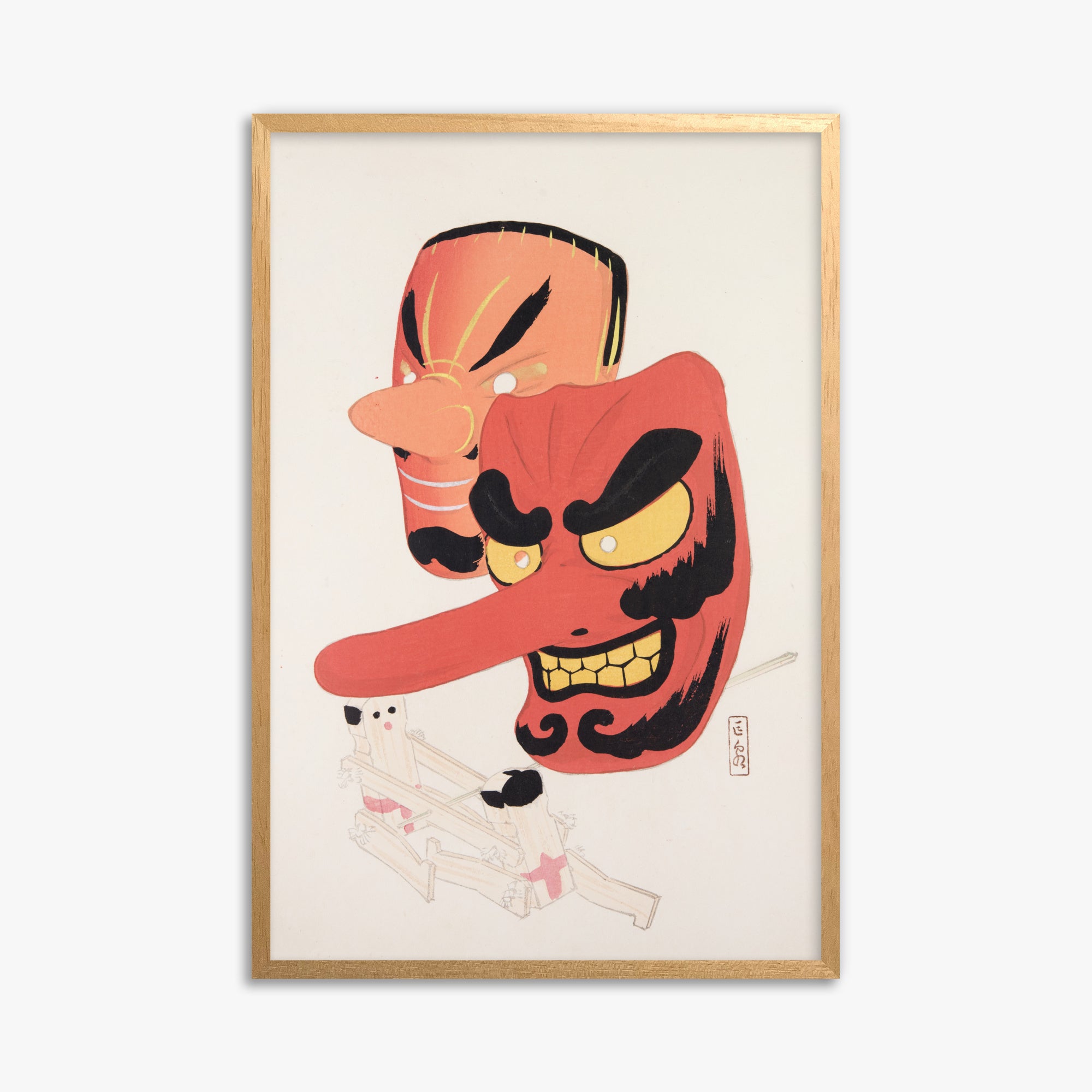 Kawasaki Kyosen: Kyosen’s Collected Illustrations of Japanese Toys Nr. 27 ("Tengu Spirit Masks"), 61x91cm Framed Art Reproduction With Oak Frame