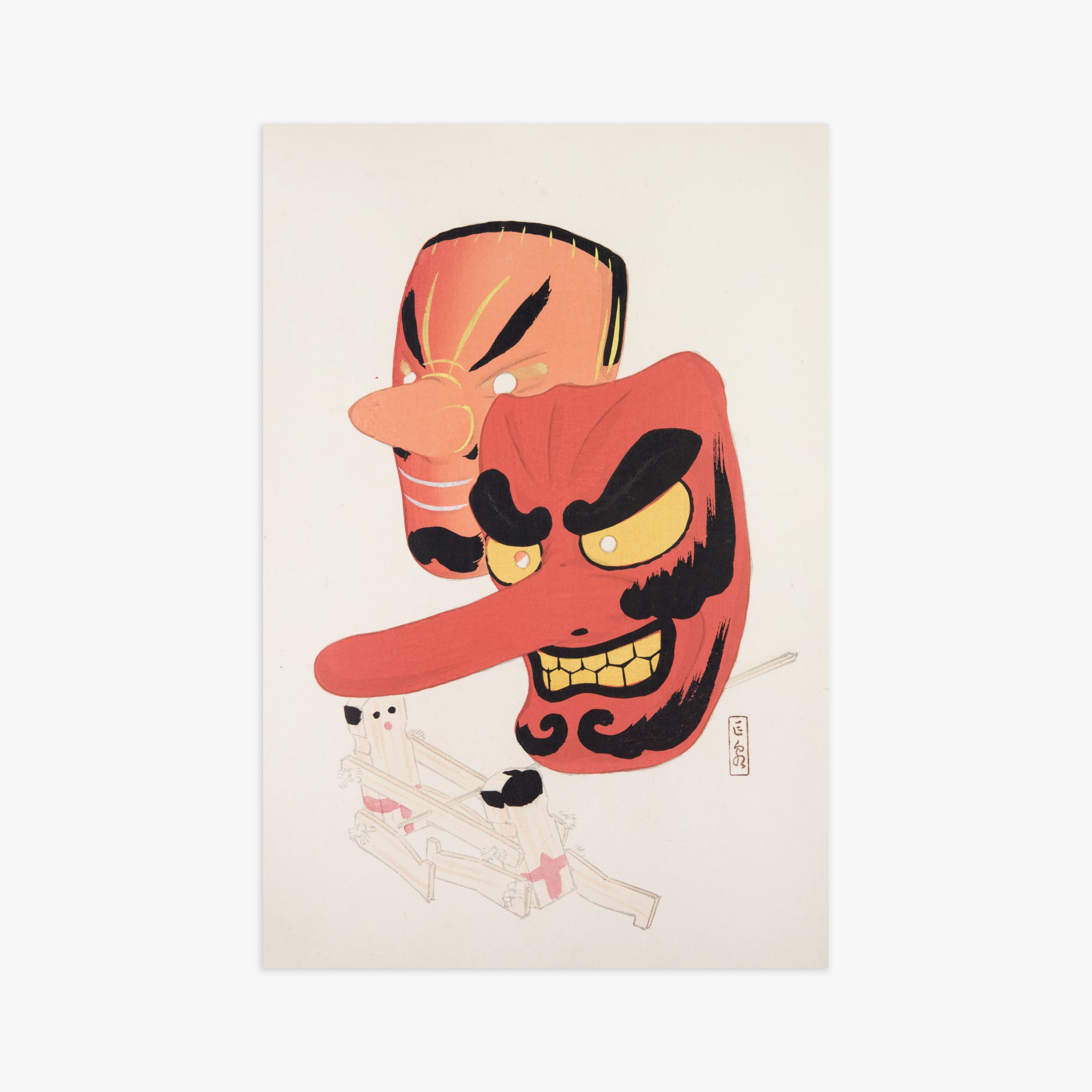 Kawasaki Kyosen: Kyosen’s Collected Illustrations of Japanese Toys Nr. 27 ("Tengu Spirit Masks"), 61x91cm Art Reproduction Unframed