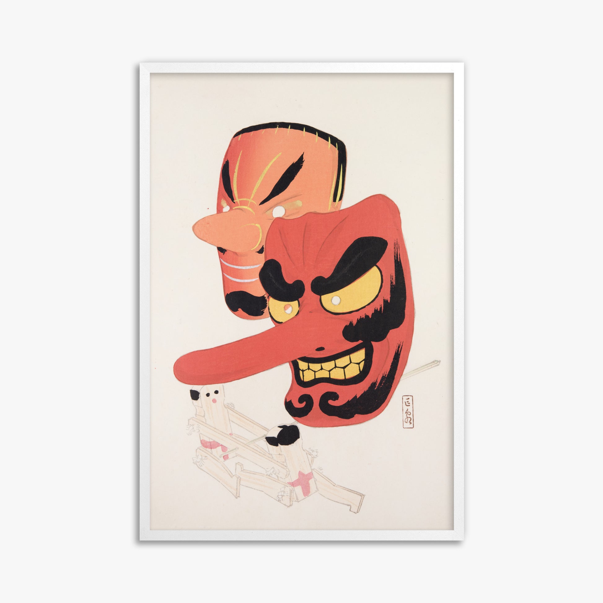 Kawasaki Kyosen: Kyosen’s Collected Illustrations of Japanese Toys Nr. 27 ("Tengu Spirit Masks"), 61x91cm Framed Art Reproduction With White Frame