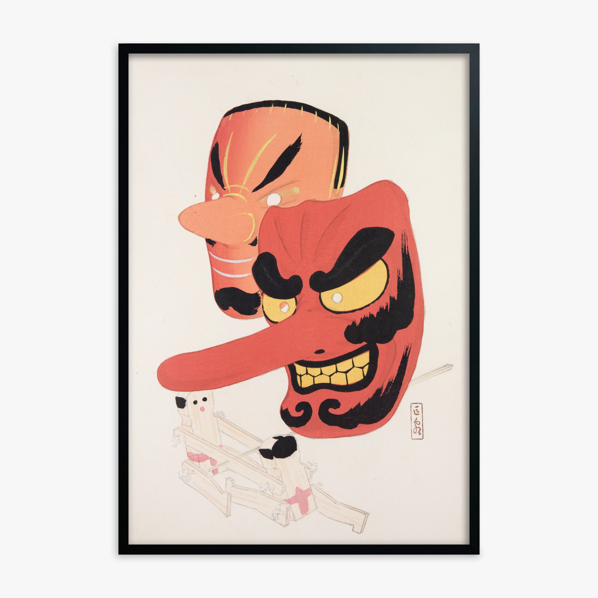 Kawasaki Kyosen: Kyosen’s Collected Illustrations of Japanese Toys Nr. 27 ("Tengu Spirit Masks"), Black Framed Art Reproduction With Black Frame