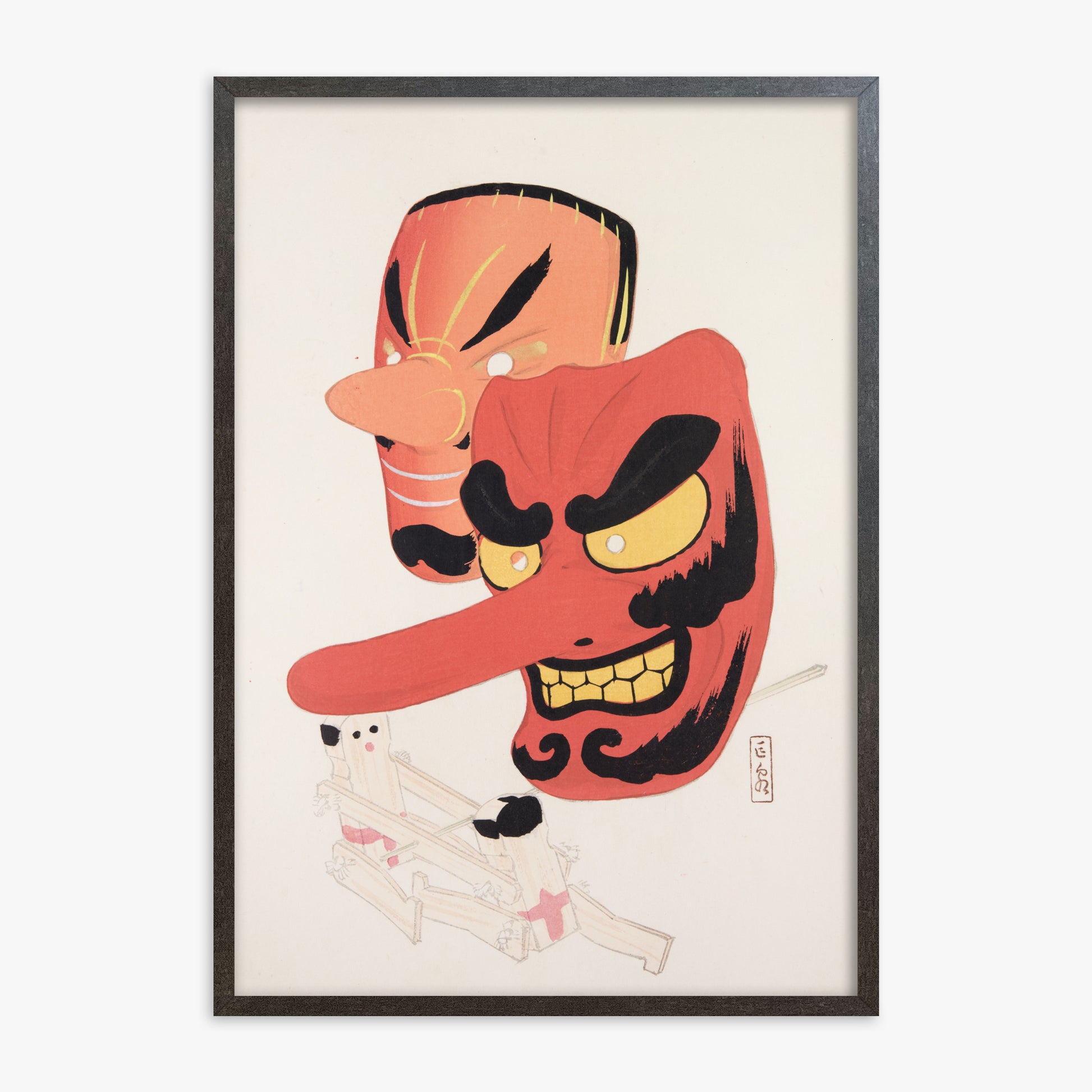 Kawasaki Kyosen: Kyosen’s Collected Illustrations of Japanese Toys Nr. 27 ("Tengu Spirit Masks"), 70x100cm Framed Art Reproduction With Espresso Frame
