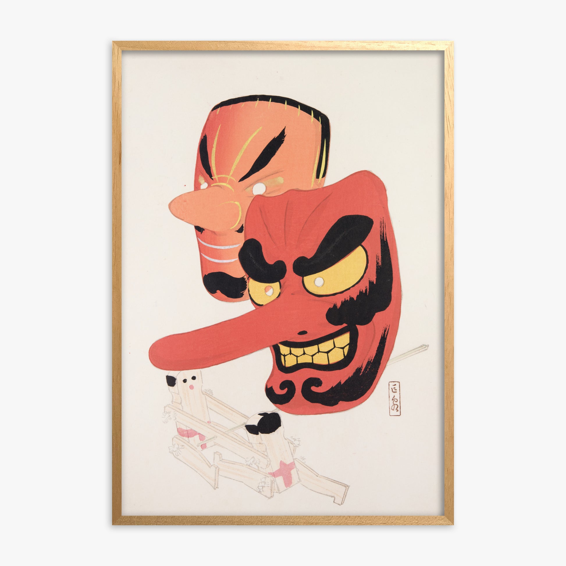 Kawasaki Kyosen: Kyosen’s Collected Illustrations of Japanese Toys Nr. 27 ("Tengu Spirit Masks"), Oak Framed Art Reproduction With Oak Frame