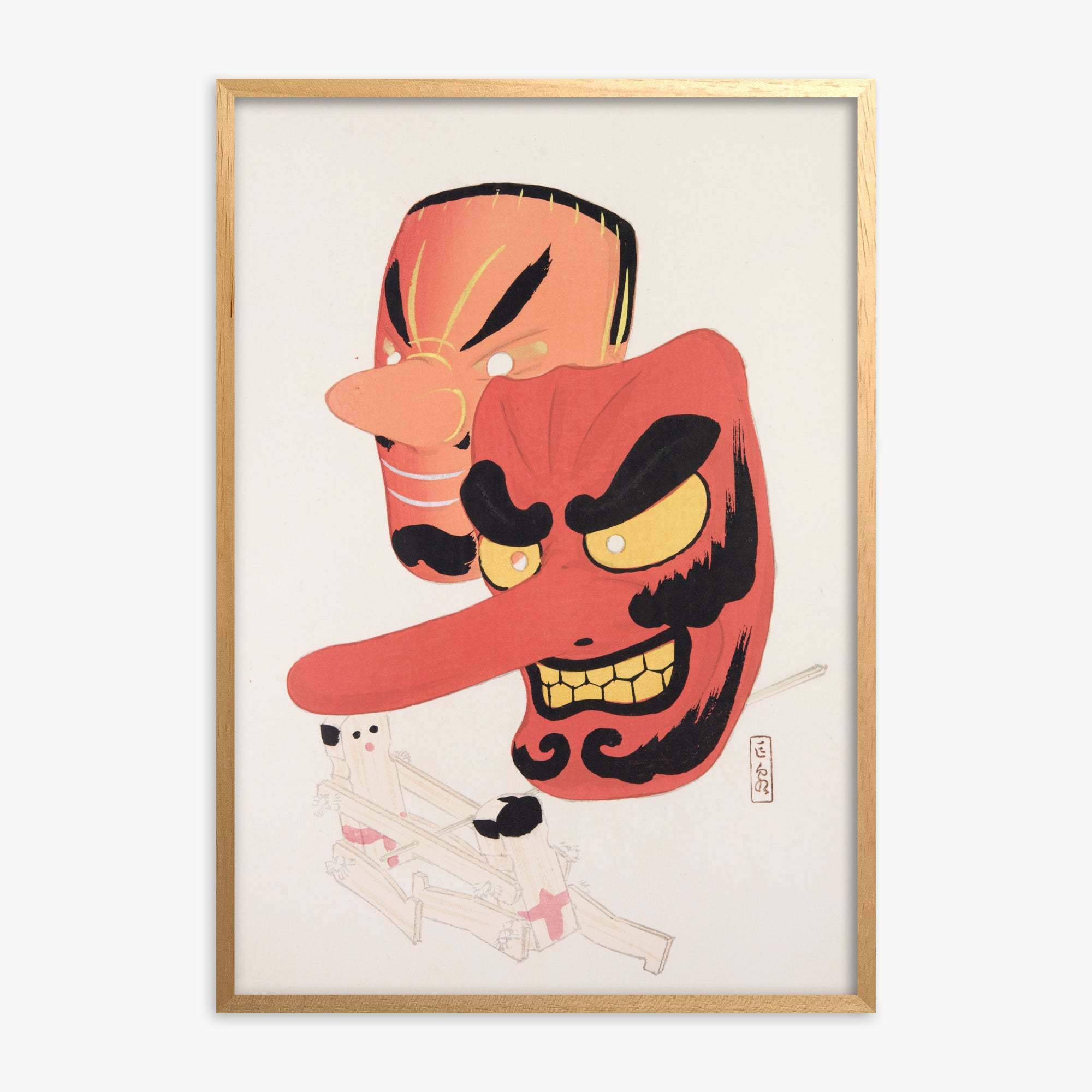 Kawasaki Kyosen: Kyosen’s Collected Illustrations of Japanese Toys Nr. 27 ("Tengu Spirit Masks"), Oak Framed Art Reproduction With Oak Frame