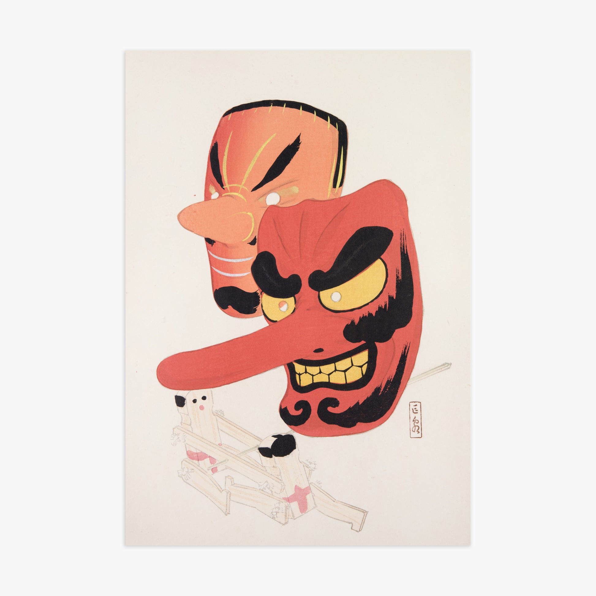 Kawasaki Kyosen: Kyosen’s Collected Illustrations of Japanese Toys Nr. 27 ("Tengu Spirit Masks"), 70x100cm Art Reproduction Unframed
