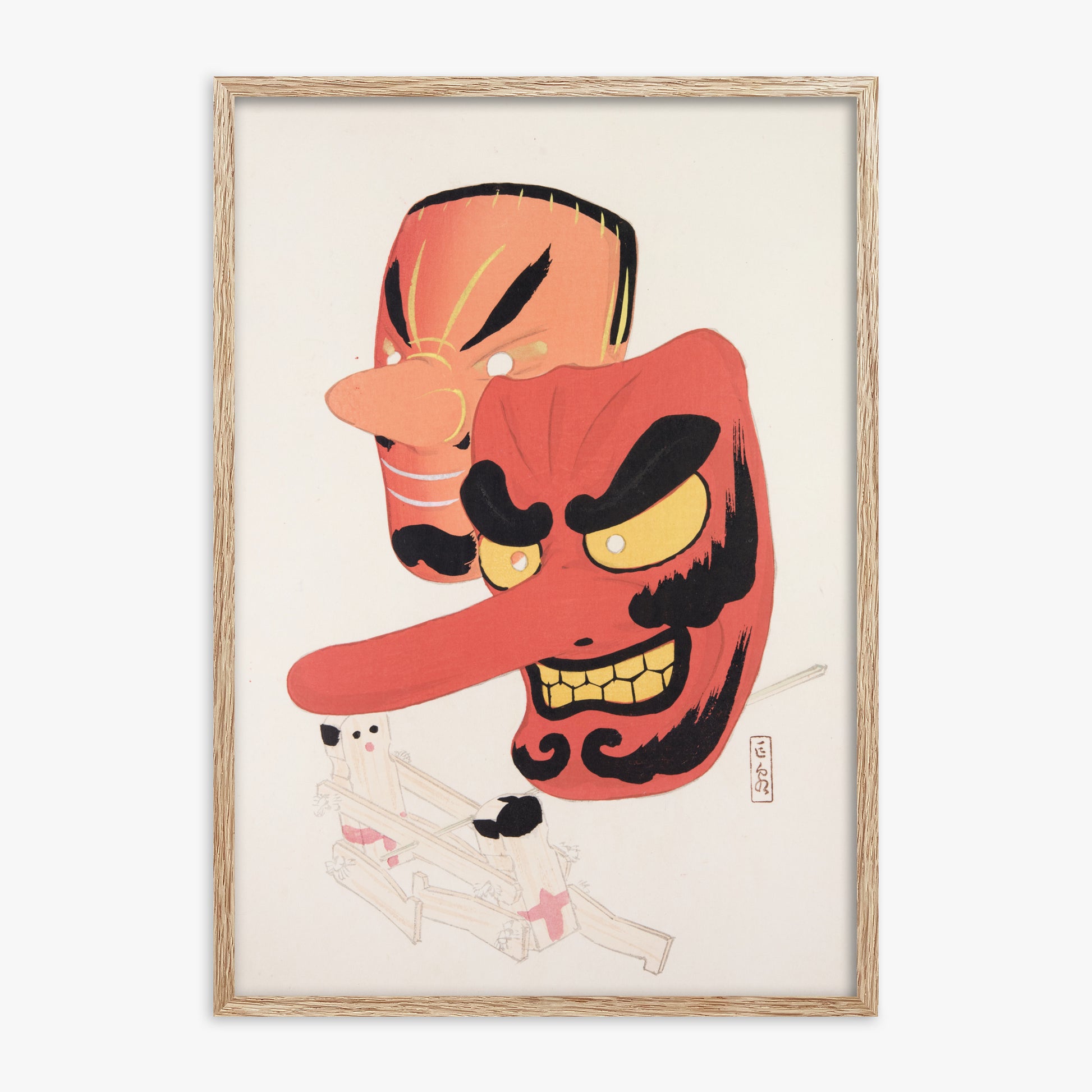 Kawasaki Kyosen: Kyosen’s Collected Illustrations of Japanese Toys Nr. 27 ("Tengu Spirit Masks"), 70x100cm Framed Art Reproduction With Raw Oak Frame