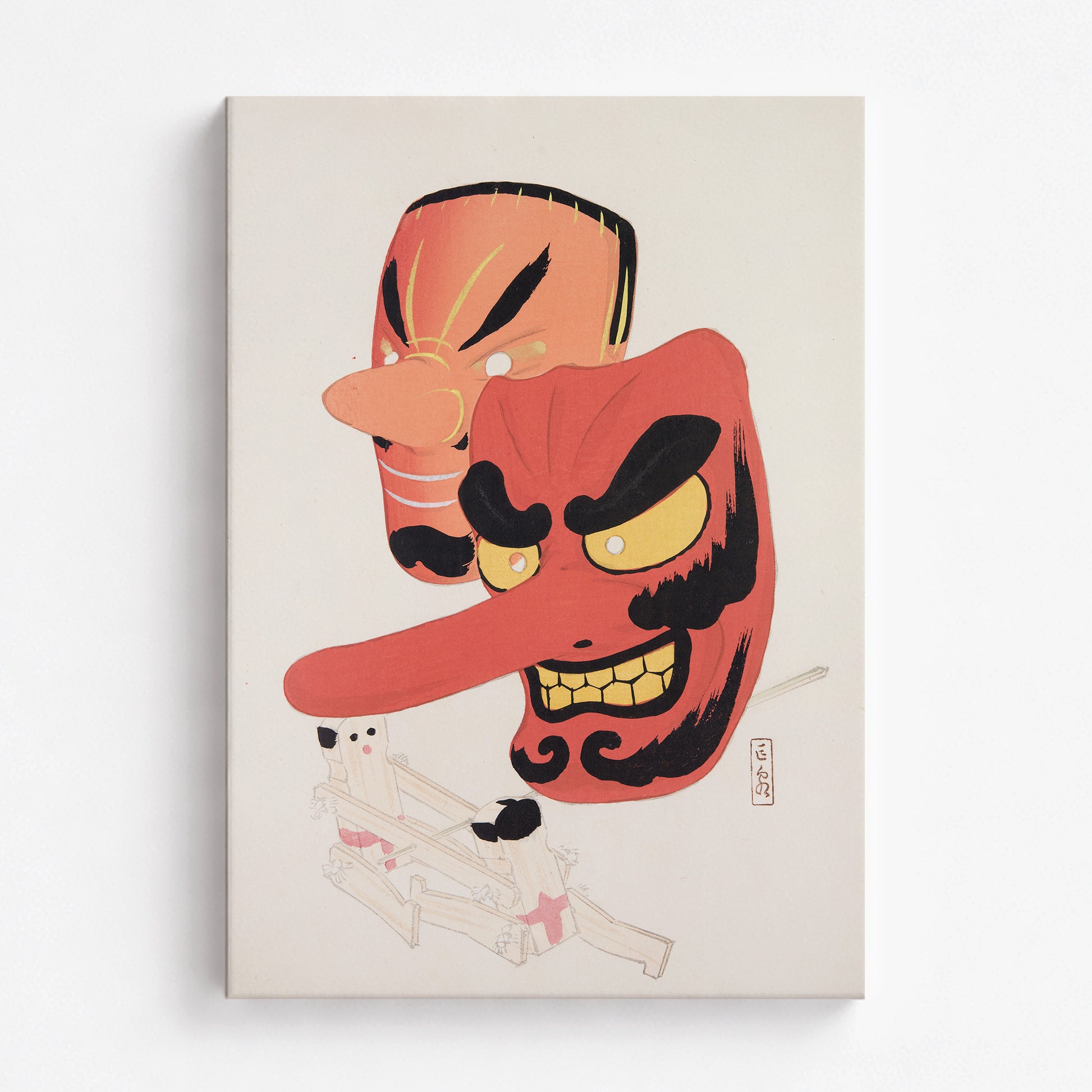 Kawasaki Kyosen: Kyosen’s Collected Illustrations of Japanese Toys Nr. 27 ("Tengu Spirit Masks"), 70x100cm Satin Canvas Art Reproduction