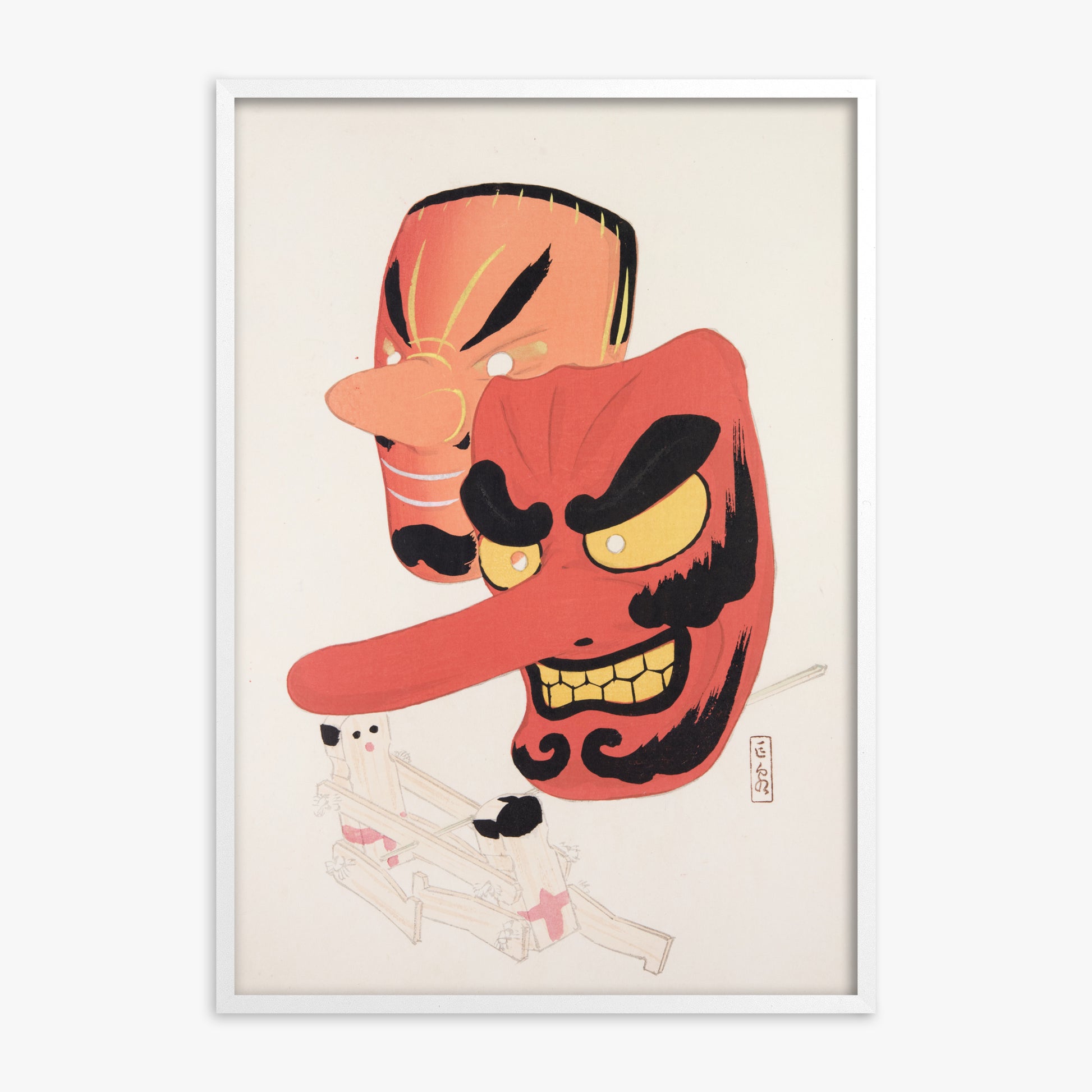 Kawasaki Kyosen: Kyosen’s Collected Illustrations of Japanese Toys Nr. 27 ("Tengu Spirit Masks"), White Framed Art Reproduction With White Frame