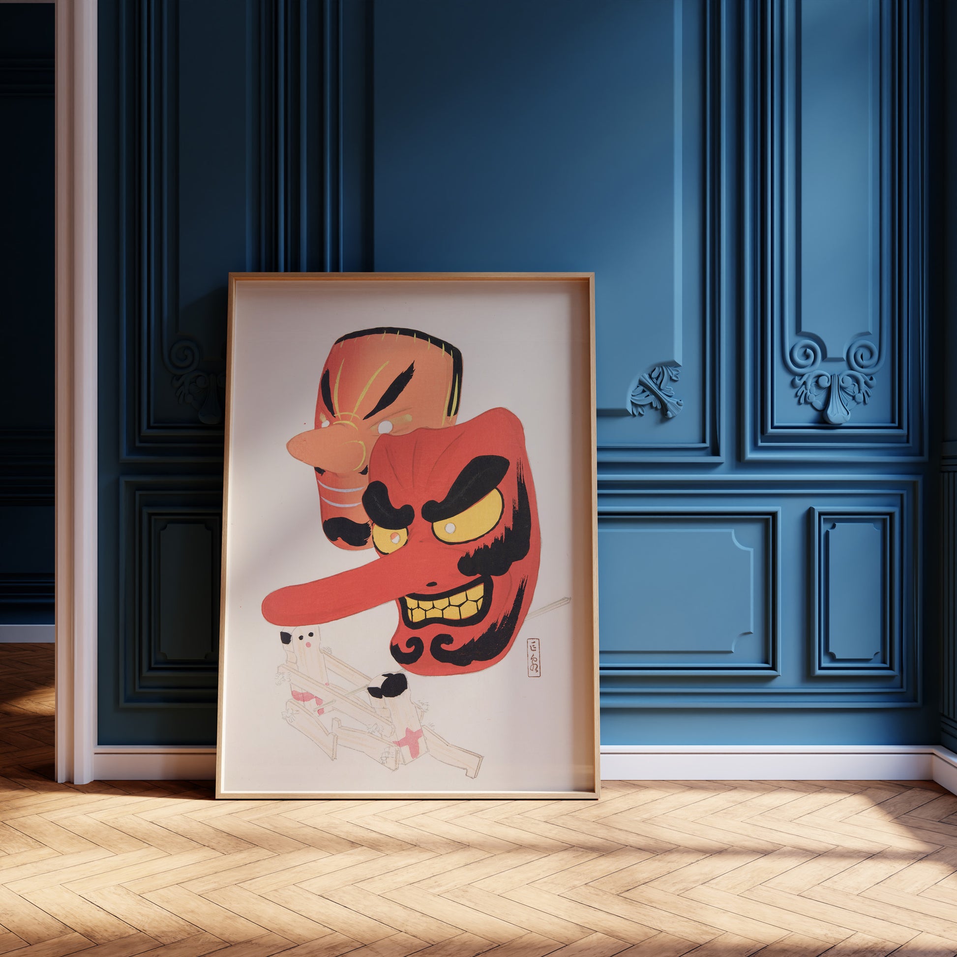 Design Concept No. 12 for Kawasaki Kyosen: Kyosen’s Collected Illustrations of Japanese Toys Nr. 27 ("Tengu Spirit Masks") Japanese Wall Art