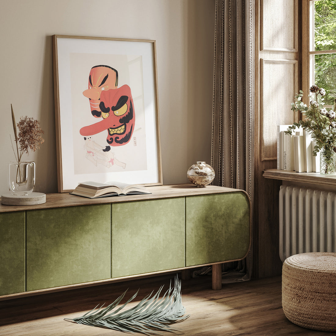 Kawasaki Kyosen: Kyosen’s Collected Illustrations of Japanese Toys Nr. 27 ("Tengu Spirit Masks"), 50x70cm Framed Art Reproduction With Black Frame