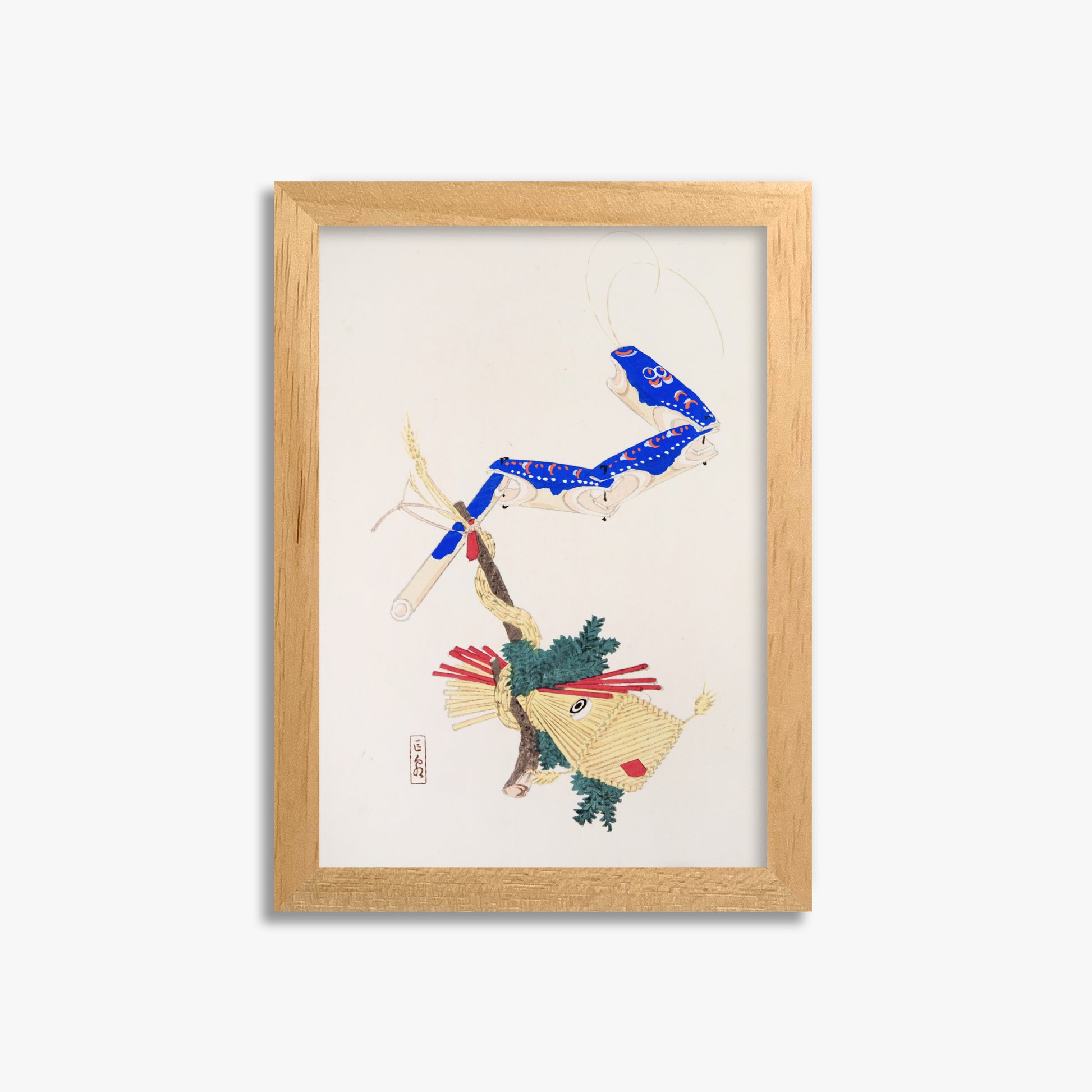Kawasaki Kyosen: Kyosen’s Collected Illustrations of Japanese Toys Nr. 28 ("Floating Carp And Water Snake Toys"), 21x30cm Framed Art Reproduction With Oak Frame