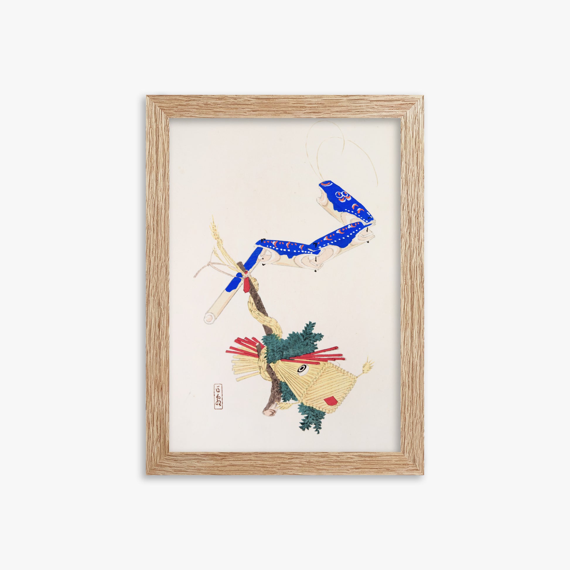 Kawasaki Kyosen: Kyosen’s Collected Illustrations of Japanese Toys Nr. 28 ("Floating Carp And Water Snake Toys"), 21x30cm Framed Art Reproduction With Raw Oak Frame