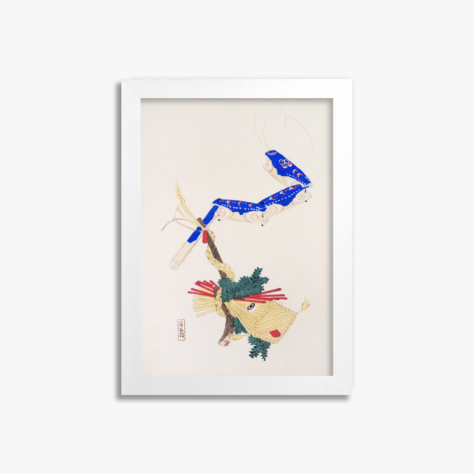 Kawasaki Kyosen: Kyosen’s Collected Illustrations of Japanese Toys Nr. 28 ("Floating Carp And Water Snake Toys"), 21x30cm Framed Art Reproduction With White Frame