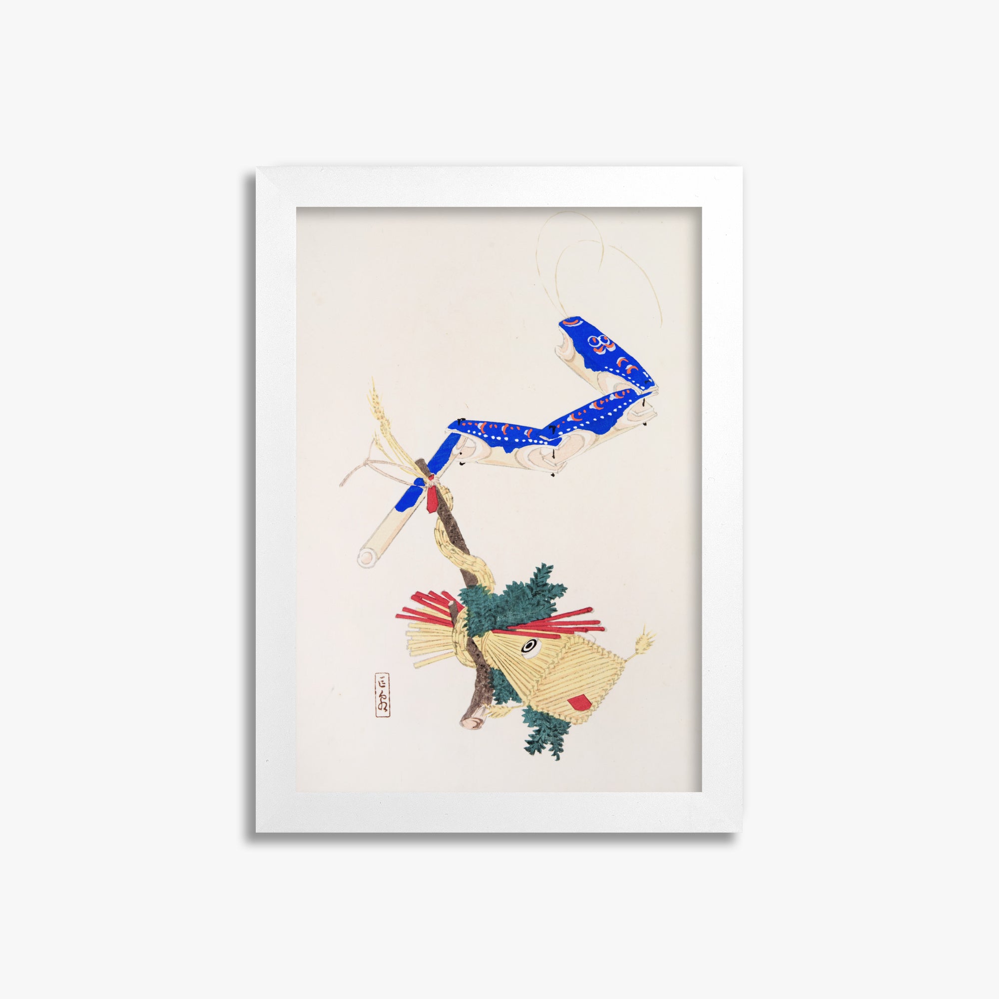 Kawasaki Kyosen: Kyosen’s Collected Illustrations of Japanese Toys Nr. 28 ("Floating Carp And Water Snake Toys"), 21x30cm Framed Art Reproduction With White Frame