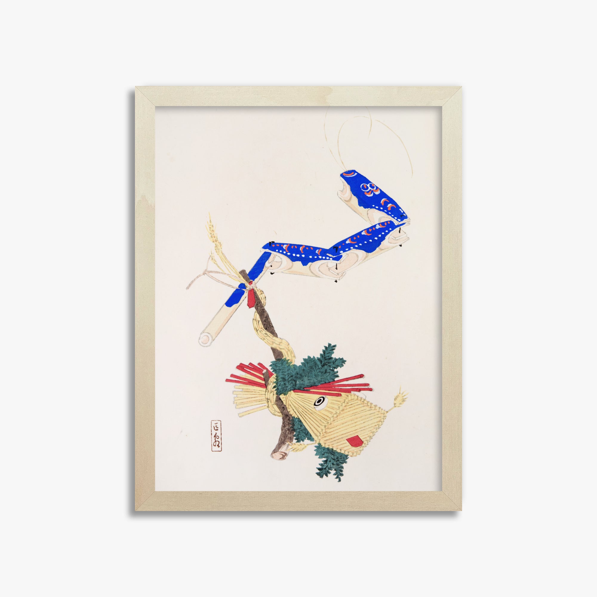 Kawasaki Kyosen: Kyosen’s Collected Illustrations of Japanese Toys Nr. 28 ("Floating Carp And Water Snake Toys"), 30x40cm Framed Art Reproduction With Lime Wood Frame