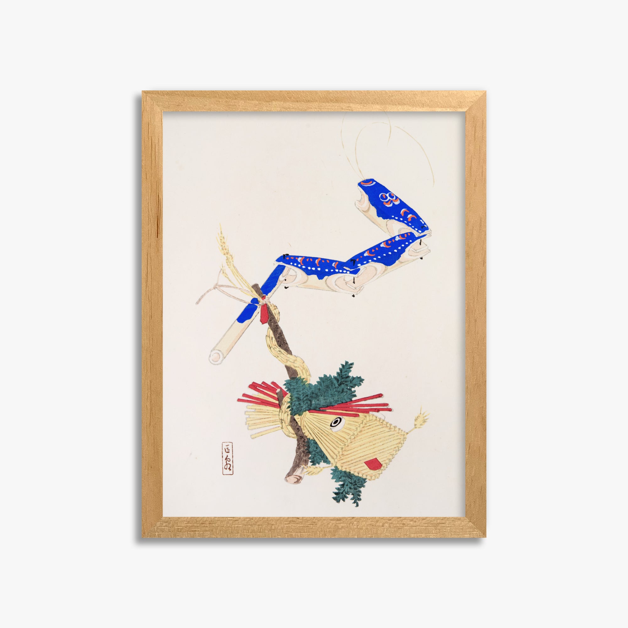 Kawasaki Kyosen: Kyosen’s Collected Illustrations of Japanese Toys Nr. 28 ("Floating Carp And Water Snake Toys"), 30x40cm Framed Art Reproduction With Oak Frame