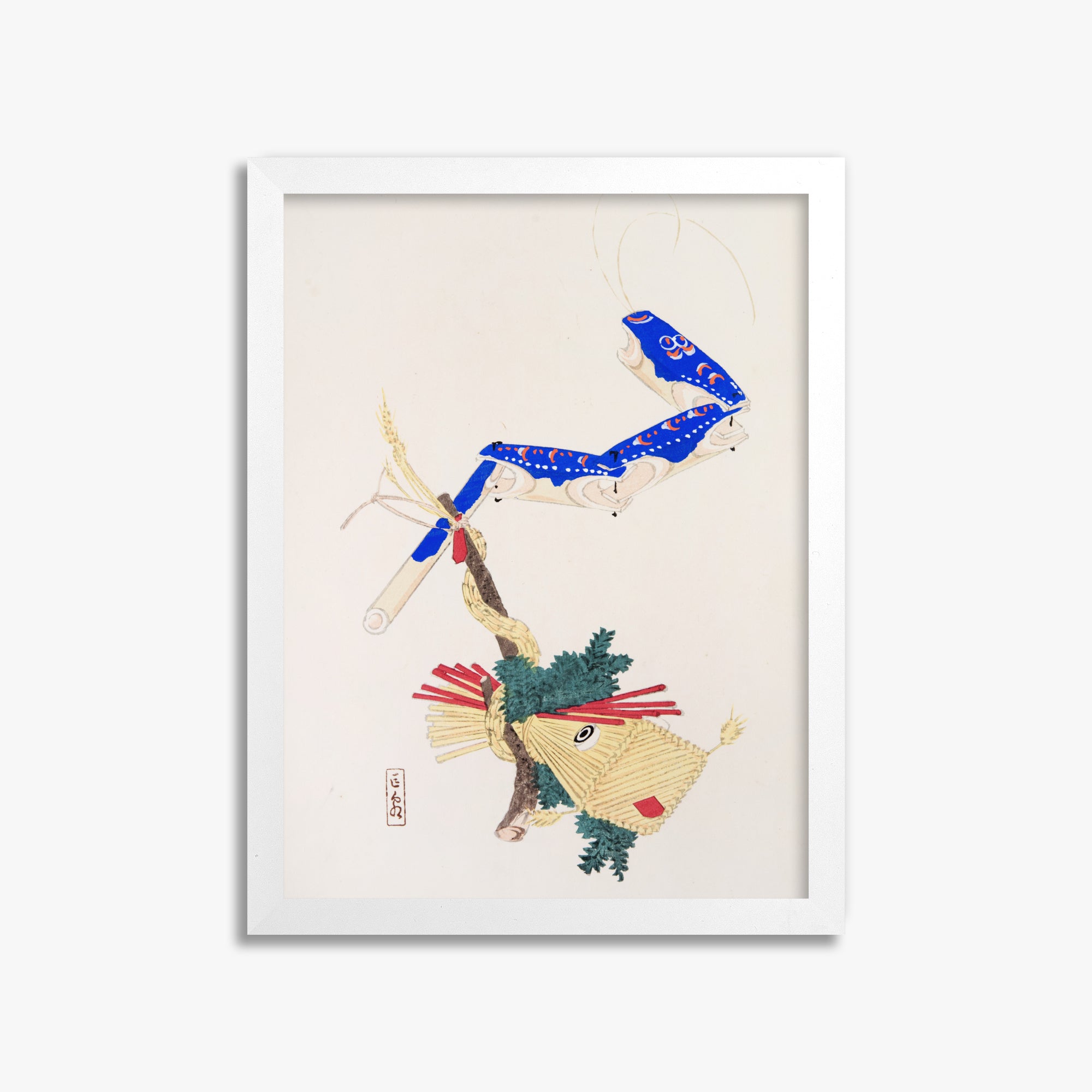 Kawasaki Kyosen: Kyosen’s Collected Illustrations of Japanese Toys Nr. 28 ("Floating Carp And Water Snake Toys"), 30x40cm Framed Art Reproduction With White Frame