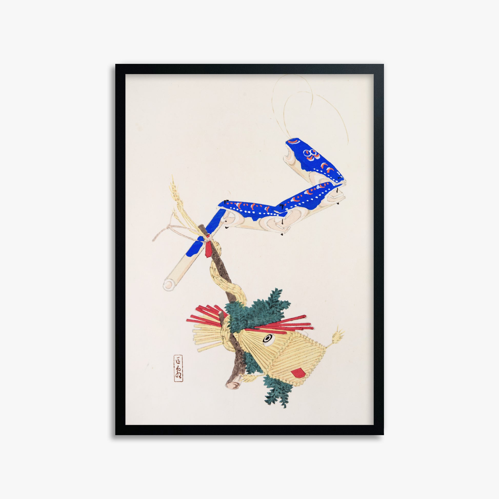 Kawasaki Kyosen: Kyosen’s Collected Illustrations of Japanese Toys Nr. 28 ("Floating Carp And Water Snake Toys"), 50x70cm Framed Art Reproduction With Black Frame