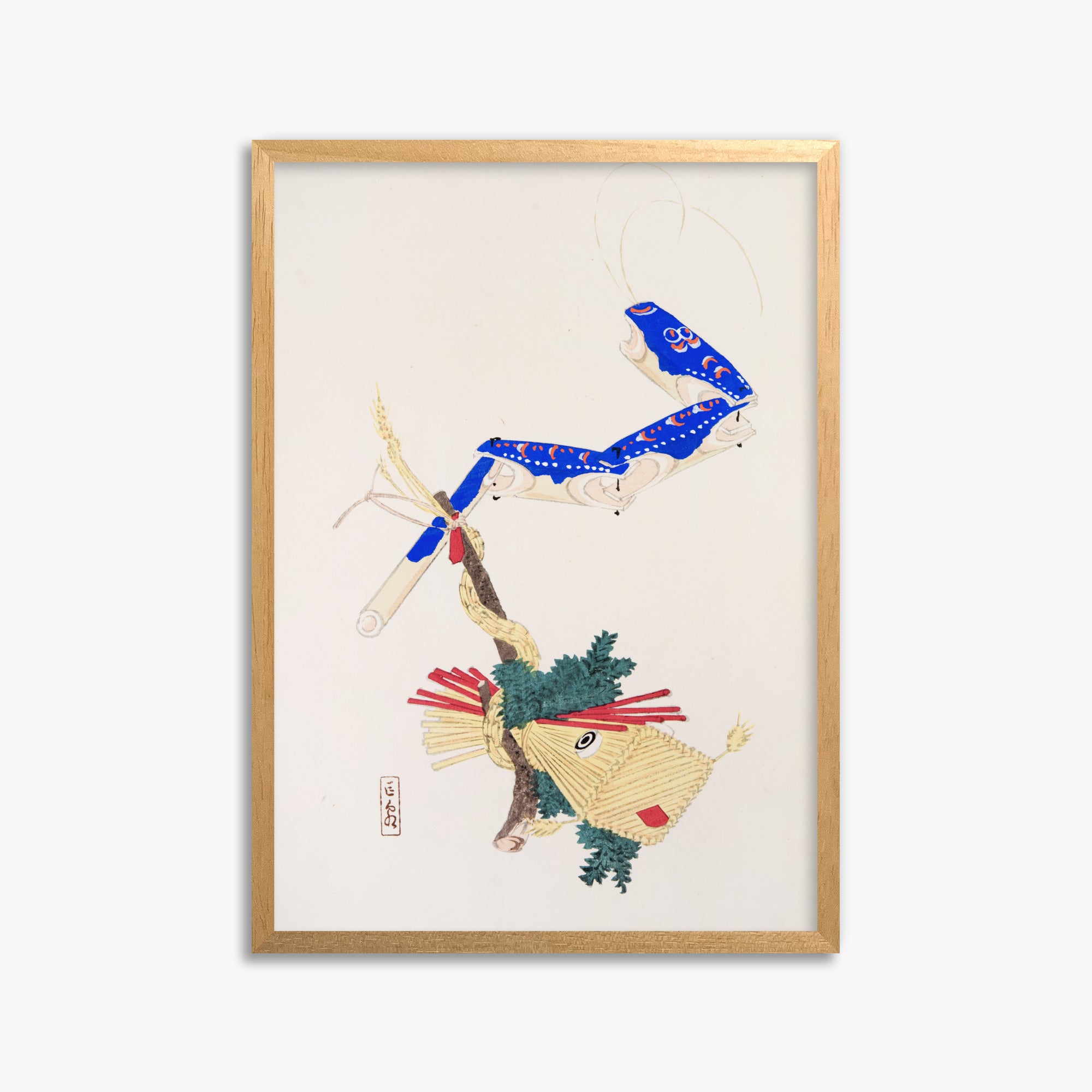 Kawasaki Kyosen: Kyosen’s Collected Illustrations of Japanese Toys Nr. 28 ("Floating Carp And Water Snake Toys"), 50x70cm Framed Art Reproduction With Oak Frame