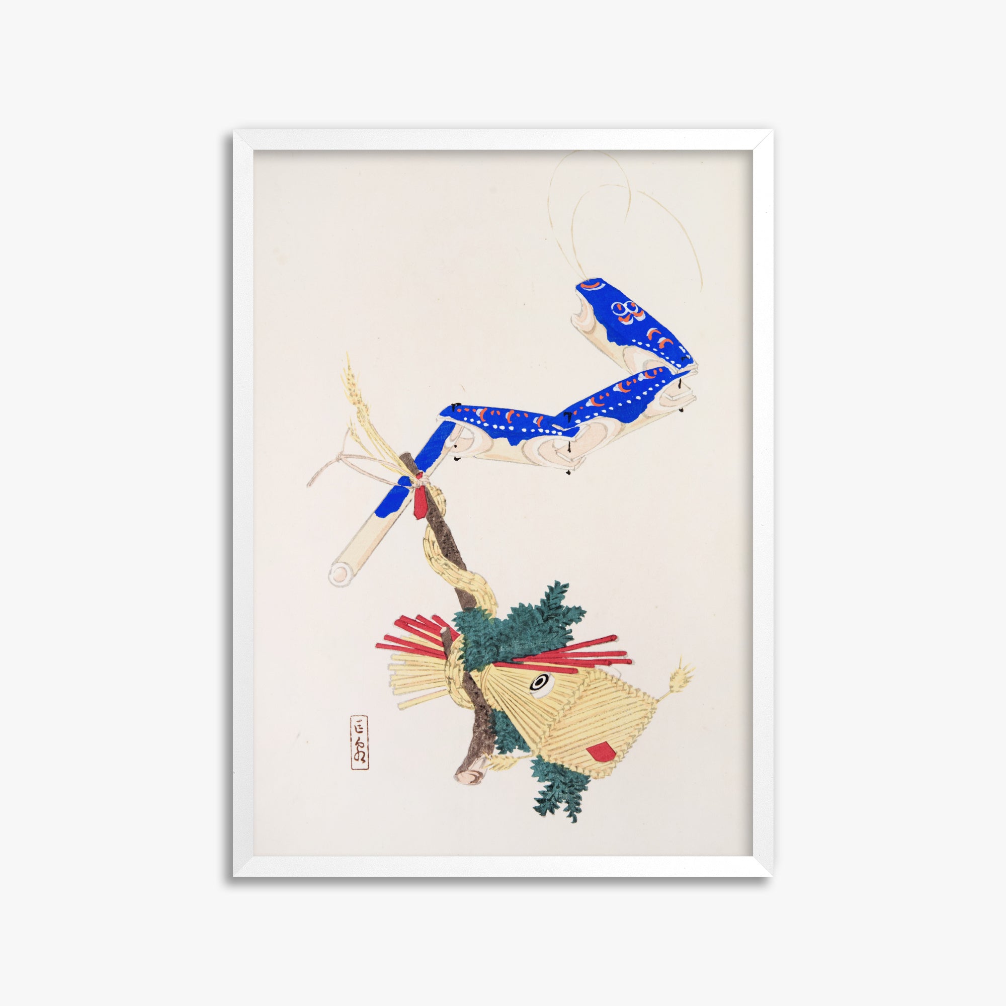 Kawasaki Kyosen: Kyosen’s Collected Illustrations of Japanese Toys Nr. 28 ("Floating Carp And Water Snake Toys"), 50x70cm Framed Art Reproduction With White Frame