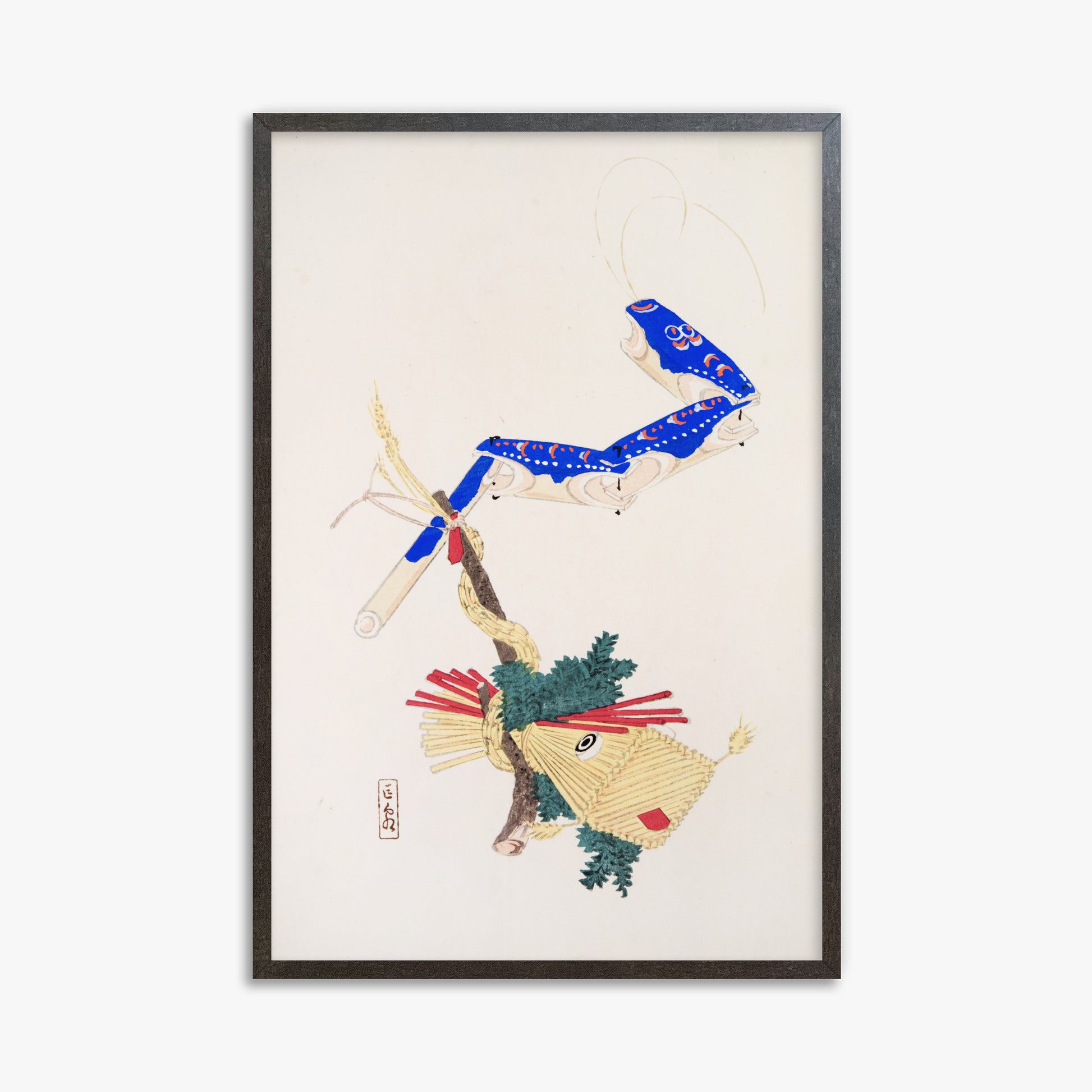Kawasaki Kyosen: Kyosen’s Collected Illustrations of Japanese Toys Nr. 28 ("Floating Carp And Water Snake Toys"), 61x91cm Framed Art Reproduction With Espresso Frame