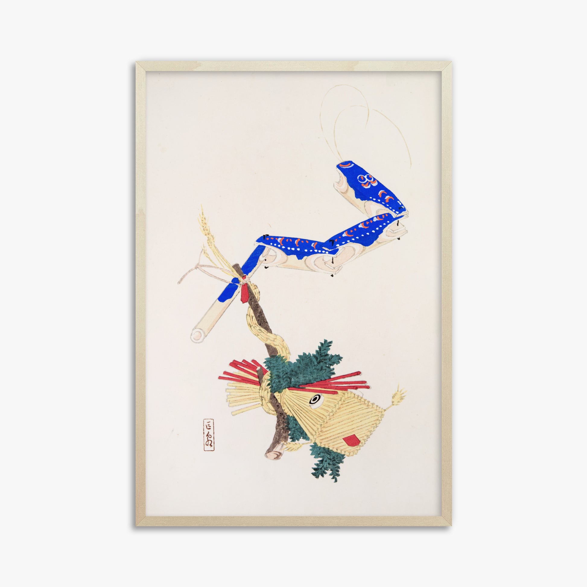 Kawasaki Kyosen: Kyosen’s Collected Illustrations of Japanese Toys Nr. 28 ("Floating Carp And Water Snake Toys"), 61x91cm Framed Art Reproduction With Lime Wood Frame