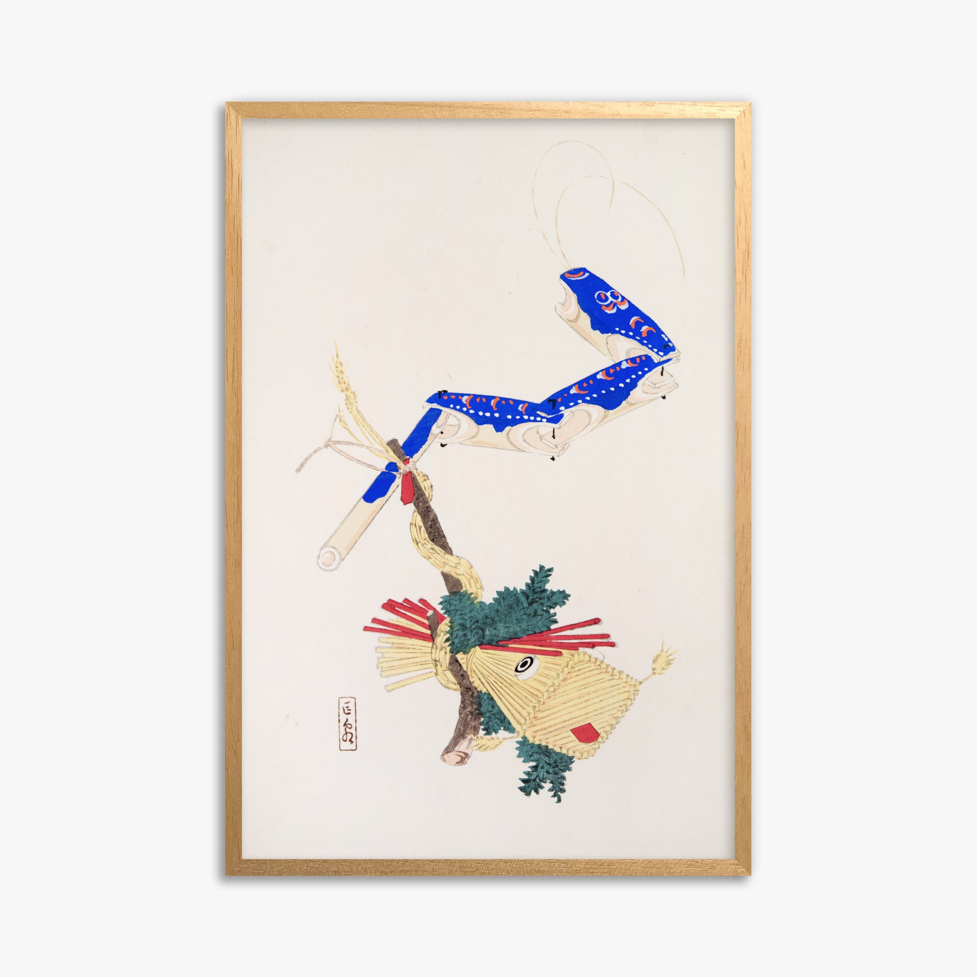 Kawasaki Kyosen: Kyosen’s Collected Illustrations of Japanese Toys Nr. 28 ("Floating Carp And Water Snake Toys"), 61x91cm Framed Art Reproduction With Oak Frame