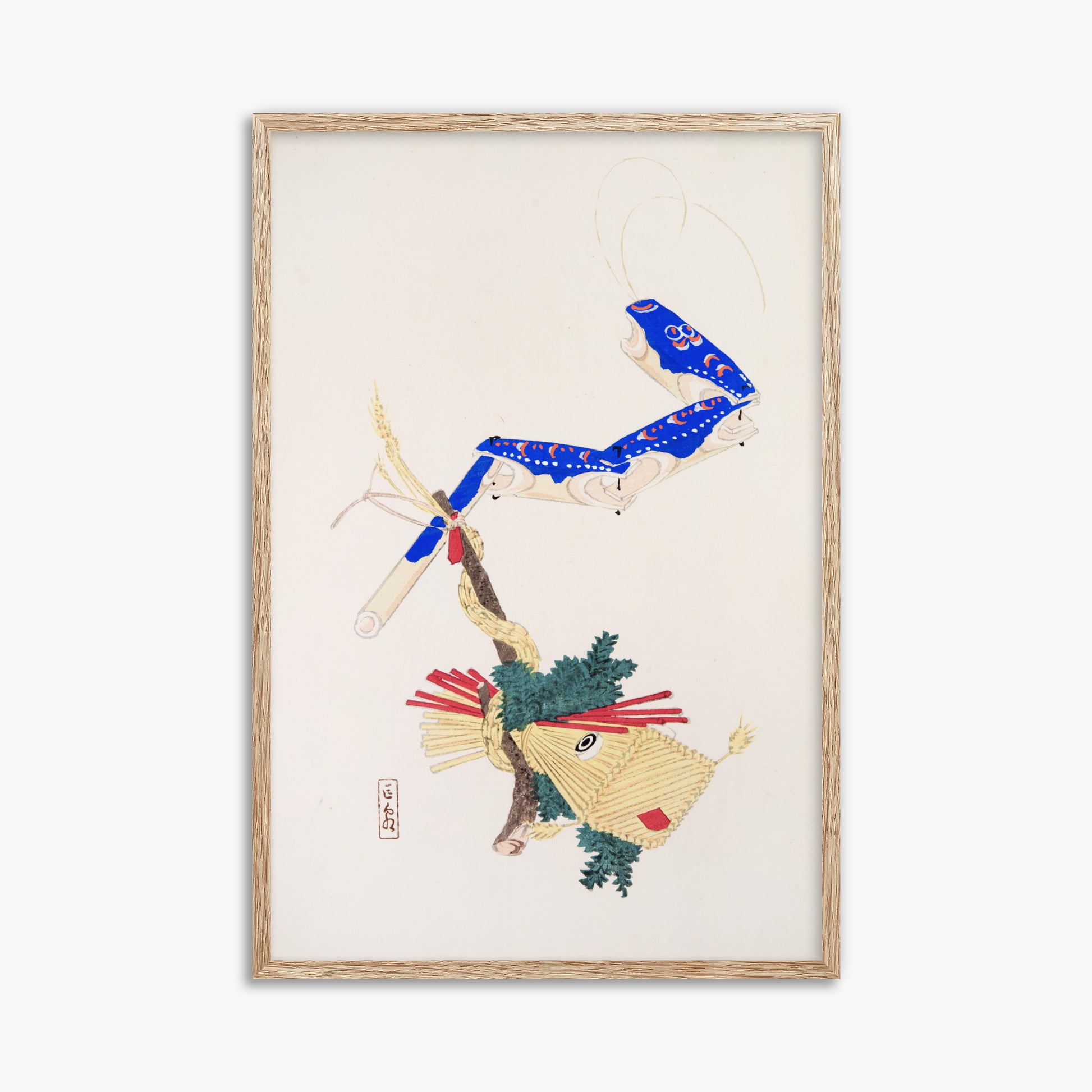 Kawasaki Kyosen: Kyosen’s Collected Illustrations of Japanese Toys Nr. 28 ("Floating Carp And Water Snake Toys"), 61x91cm Framed Art Reproduction With Raw Oak Frame