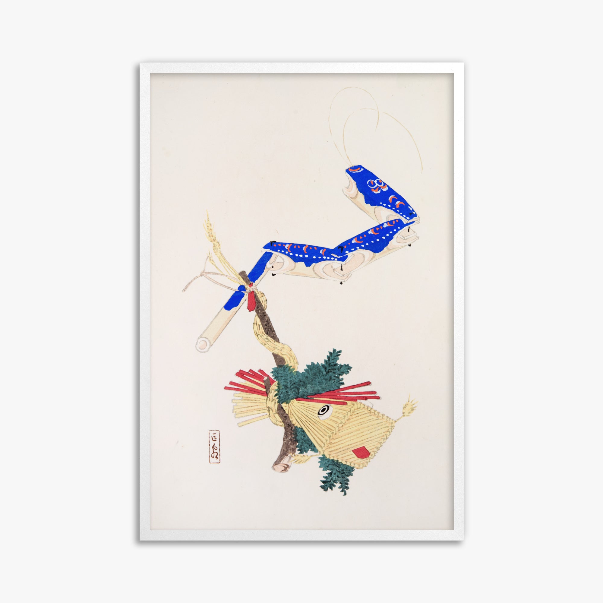 Kawasaki Kyosen: Kyosen’s Collected Illustrations of Japanese Toys Nr. 28 ("Floating Carp And Water Snake Toys"), 61x91cm Framed Art Reproduction With White Frame