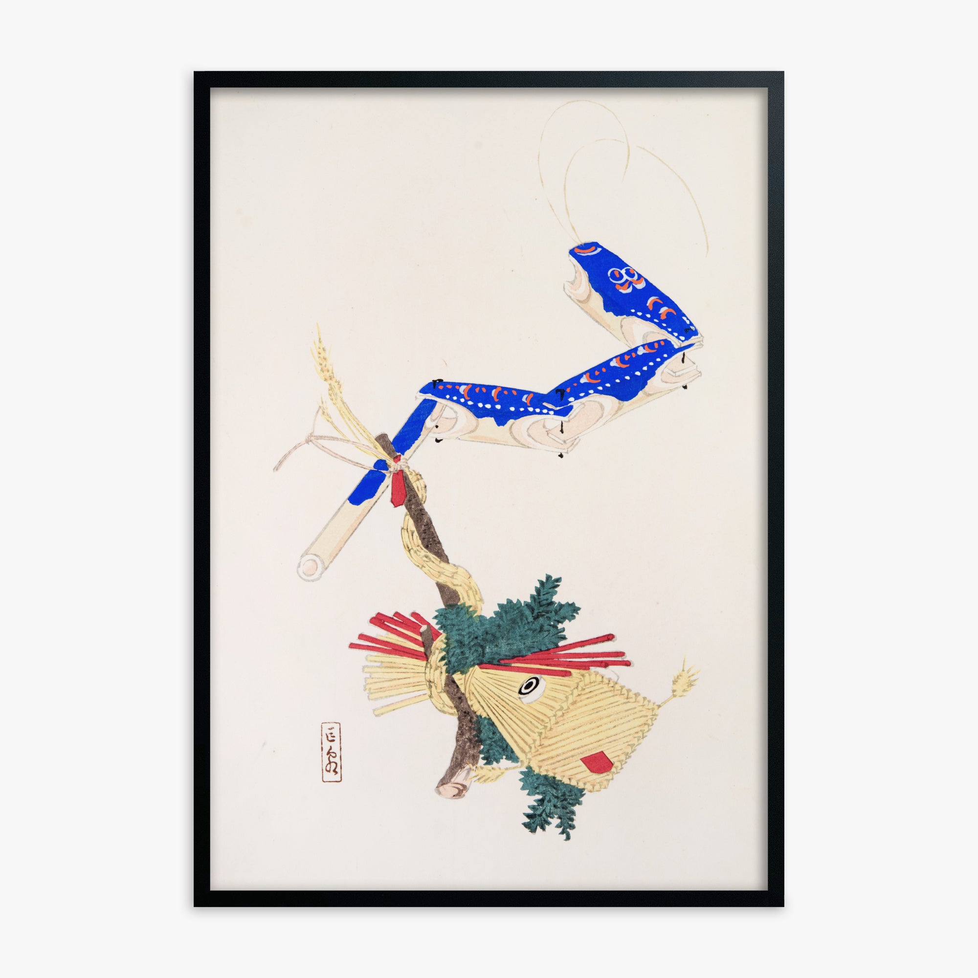 Kawasaki Kyosen: Kyosen’s Collected Illustrations of Japanese Toys Nr. 28 ("Floating Carp And Water Snake Toys"), Black Framed Art Reproduction With Black Frame