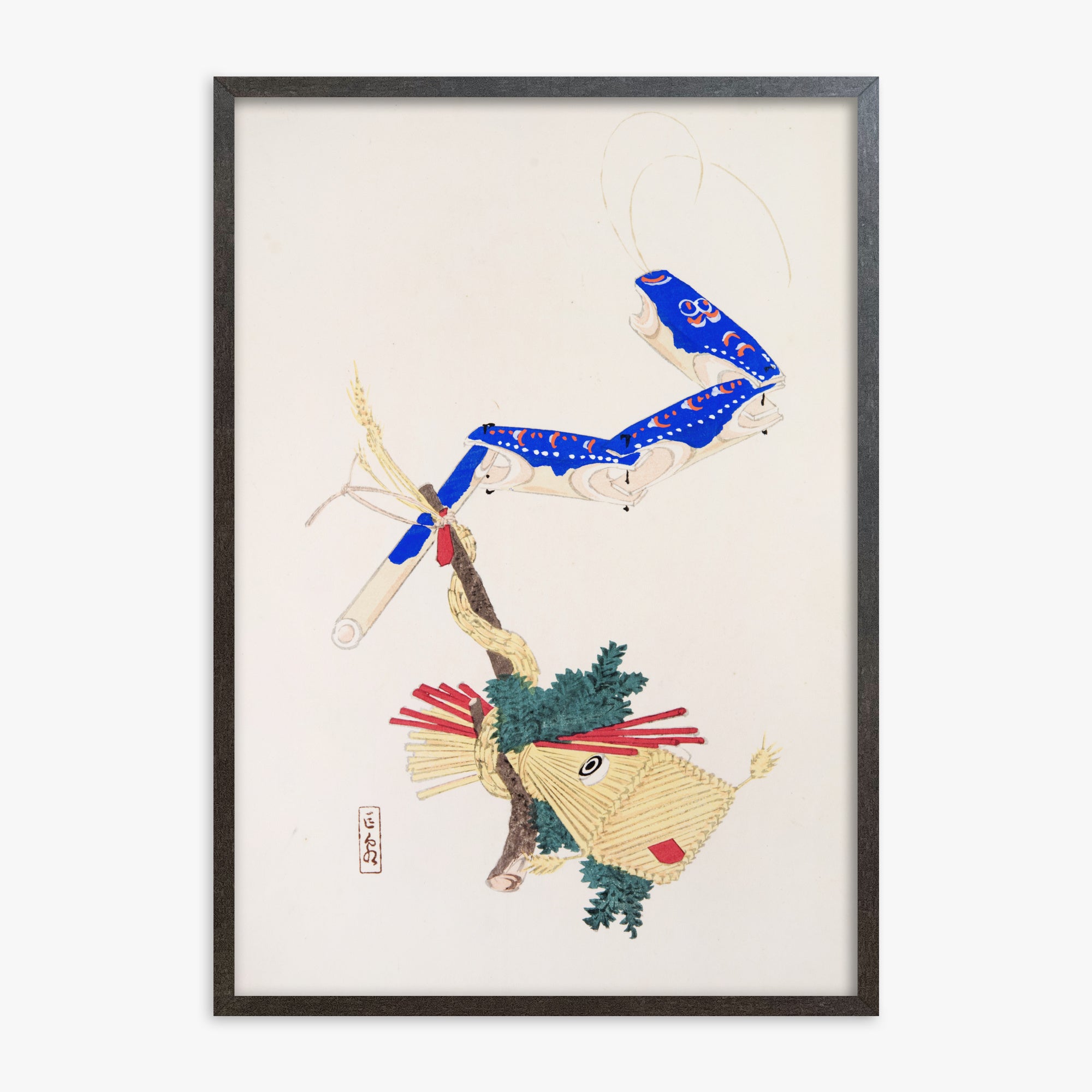 Kawasaki Kyosen: Kyosen’s Collected Illustrations of Japanese Toys Nr. 28 ("Floating Carp And Water Snake Toys"), 70x100cm Framed Art Reproduction With Espresso Frame
