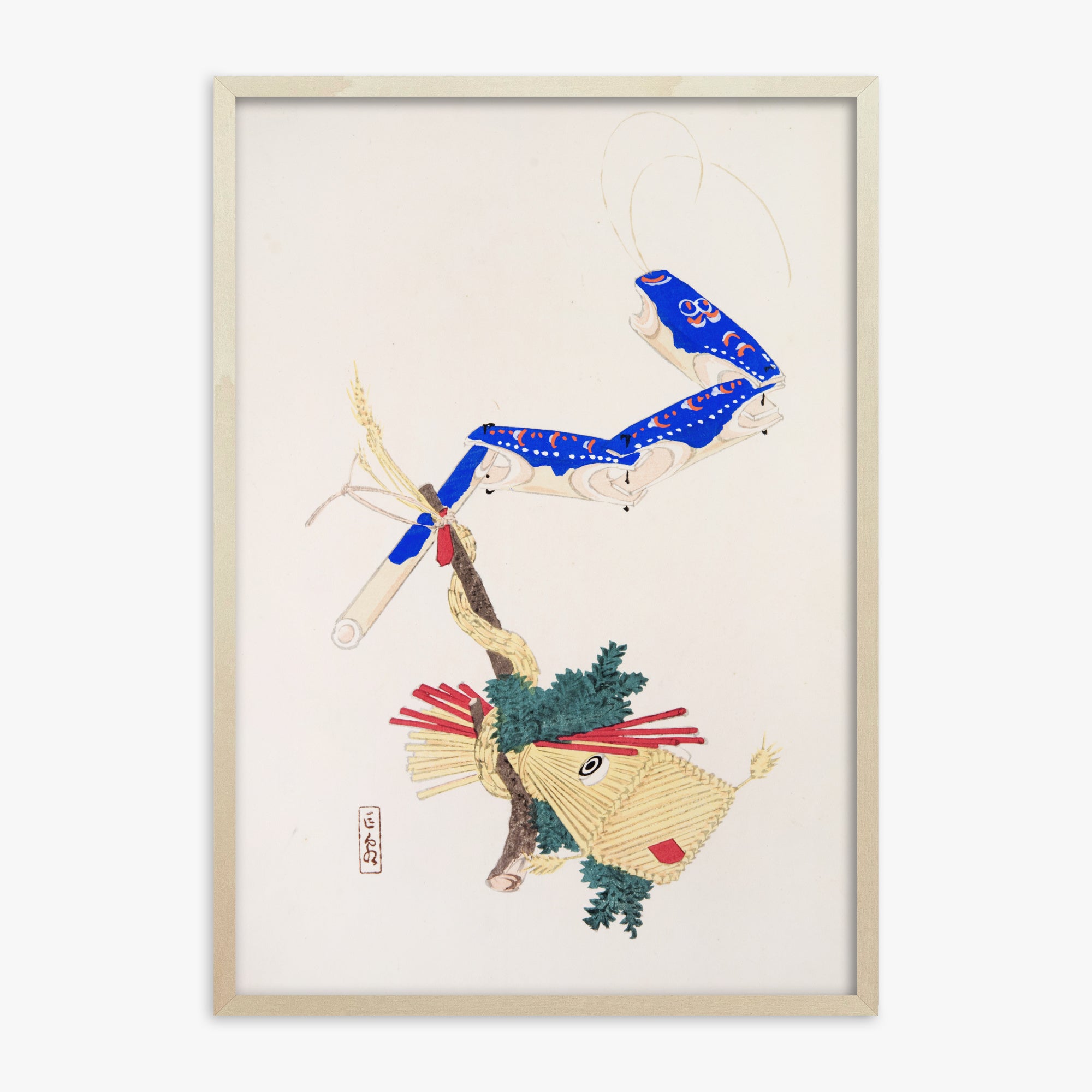 Kawasaki Kyosen: Kyosen’s Collected Illustrations of Japanese Toys Nr. 28 ("Floating Carp And Water Snake Toys"), 70x100cm Framed Art Reproduction With Lime Wood Frame