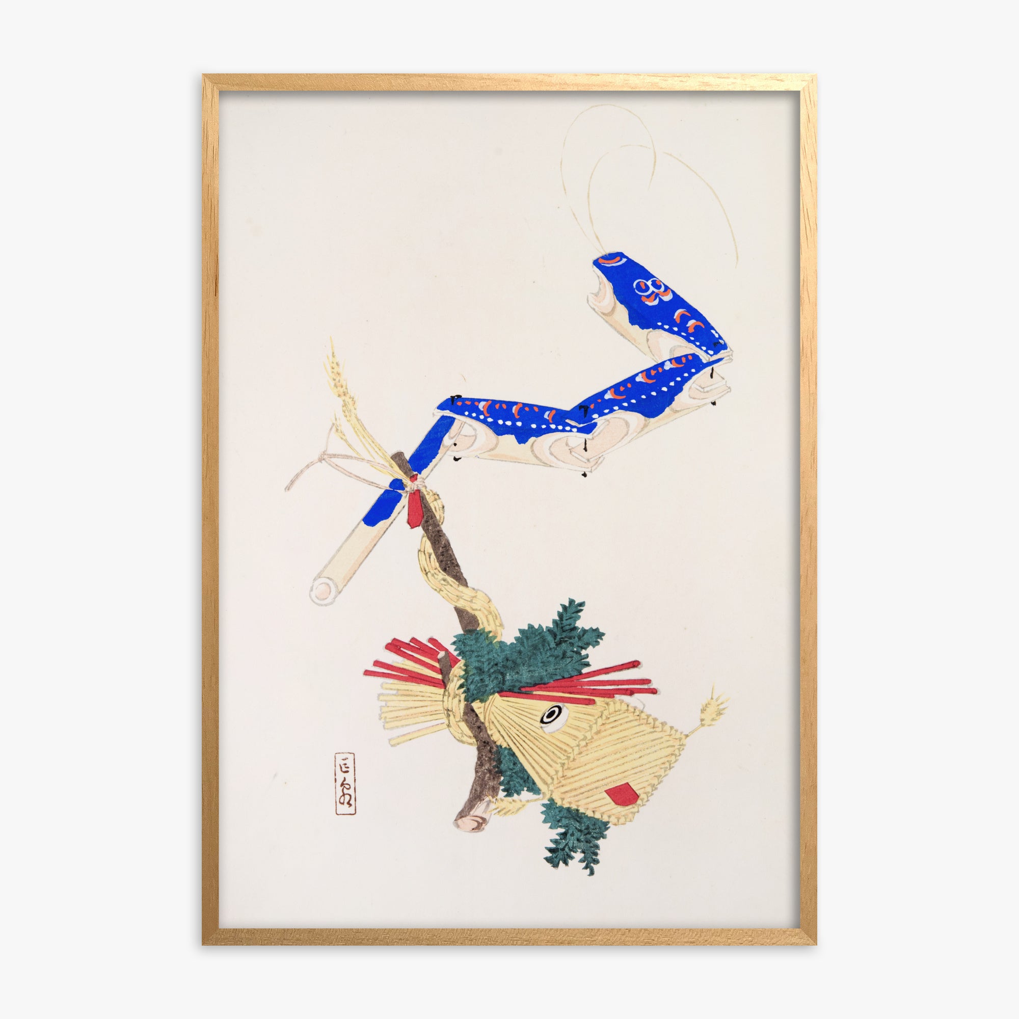 Kawasaki Kyosen: Kyosen’s Collected Illustrations of Japanese Toys Nr. 28 ("Floating Carp And Water Snake Toys"), Oak Framed Art Reproduction With Oak Frame