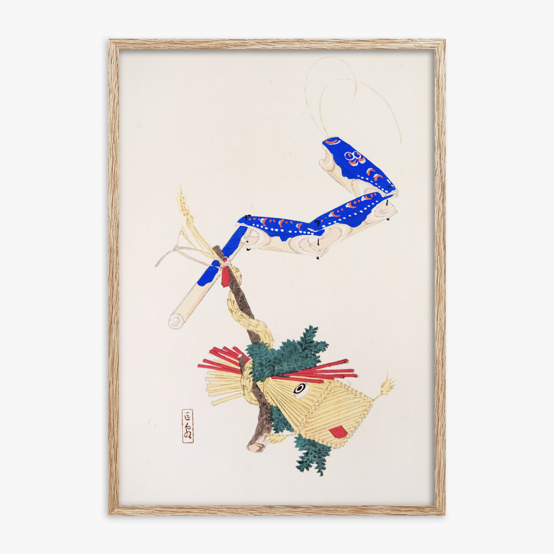 Kawasaki Kyosen: Kyosen’s Collected Illustrations of Japanese Toys Nr. 28 ("Floating Carp And Water Snake Toys"), 70x100cm Framed Art Reproduction With Raw Oak Frame